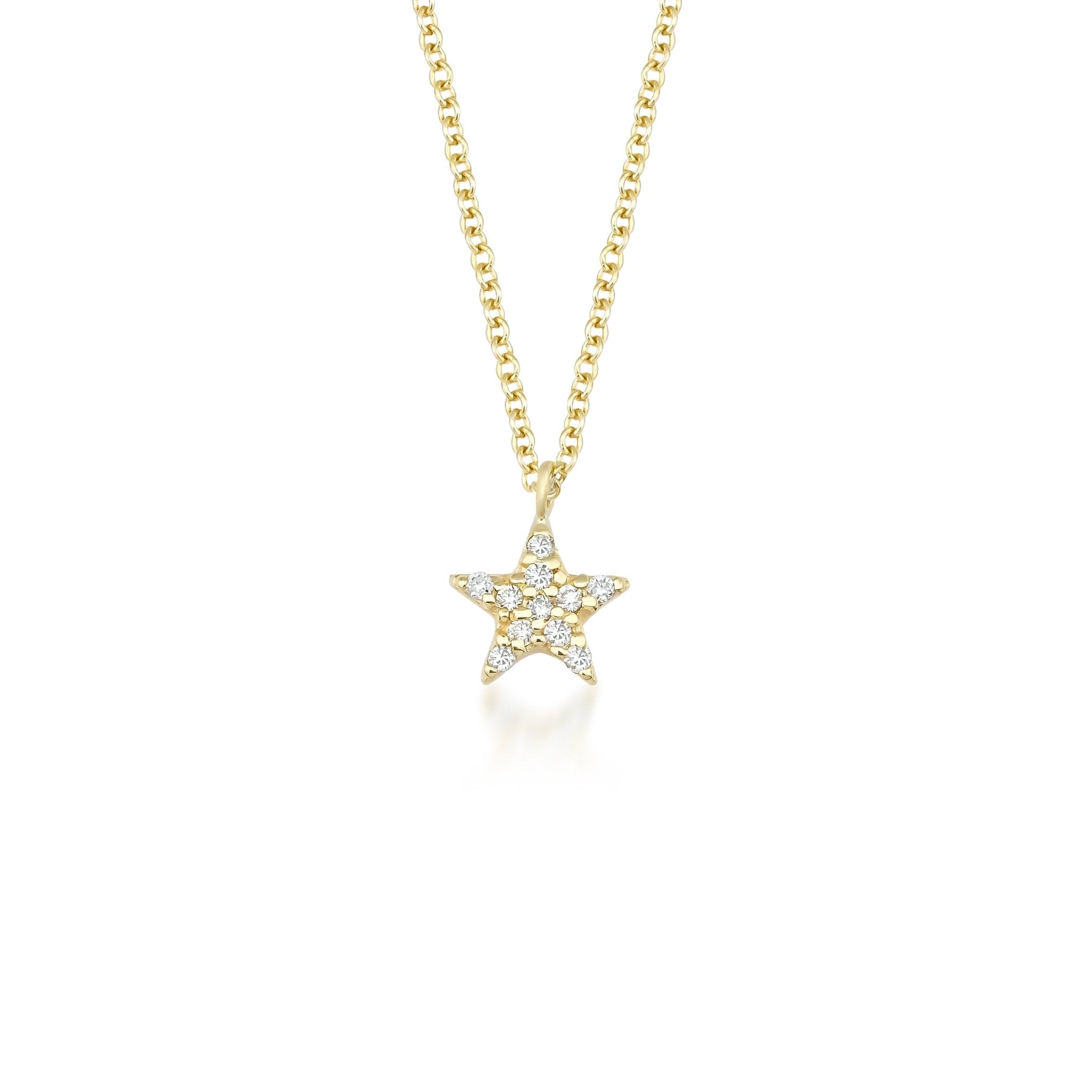 14K Solid Yellow Gold Diamond Star Necklace