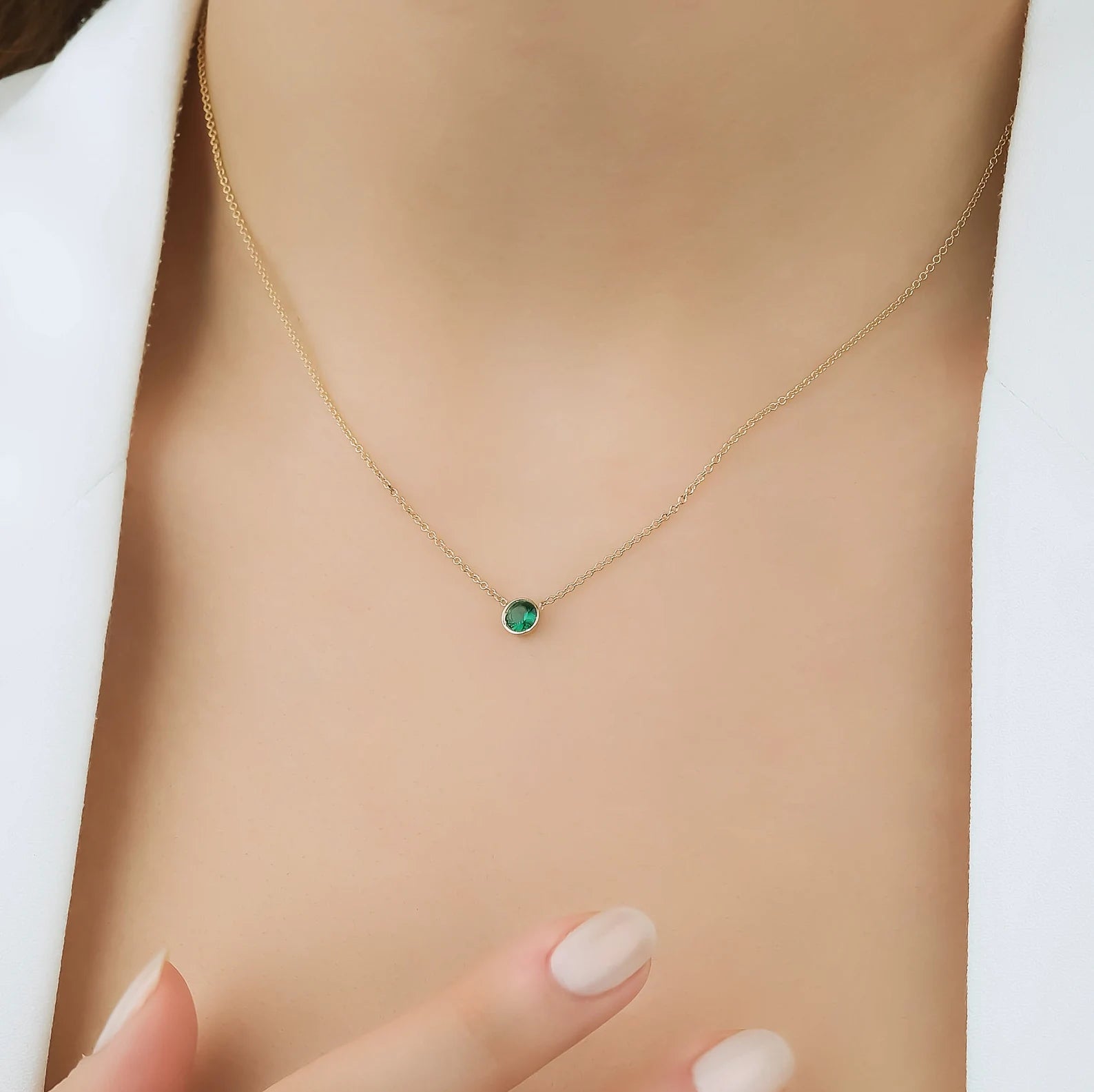 14K Solid Yellow Gold 4mm Bezel Set Emerald Solitaire Necklace