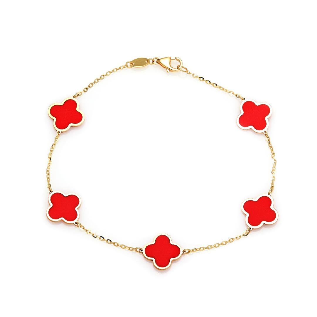 14K Solid Yellow Gold Red Coral Four Leaf Clover Station Bracelet