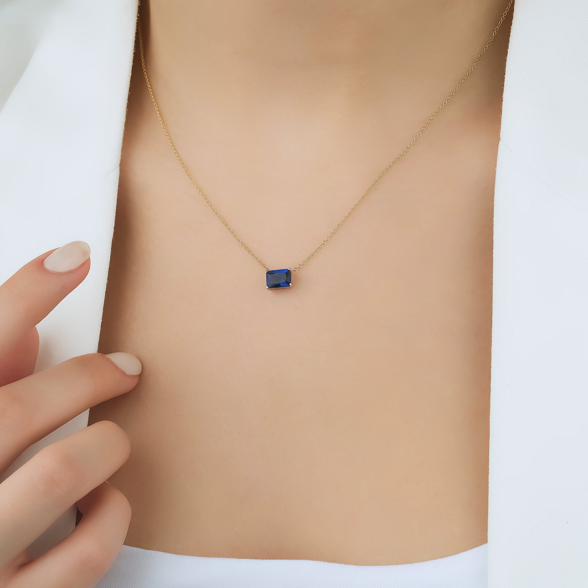 14K Solid Yellow Gold Emerald Cut Solitaire Sapphire Necklace