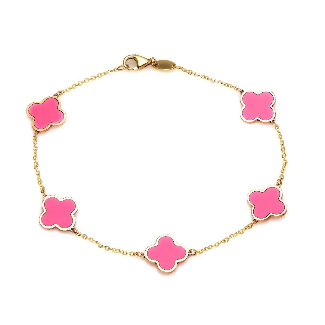 14K Solid Yellow Gold Pink Four Leaf Clover Bracelet