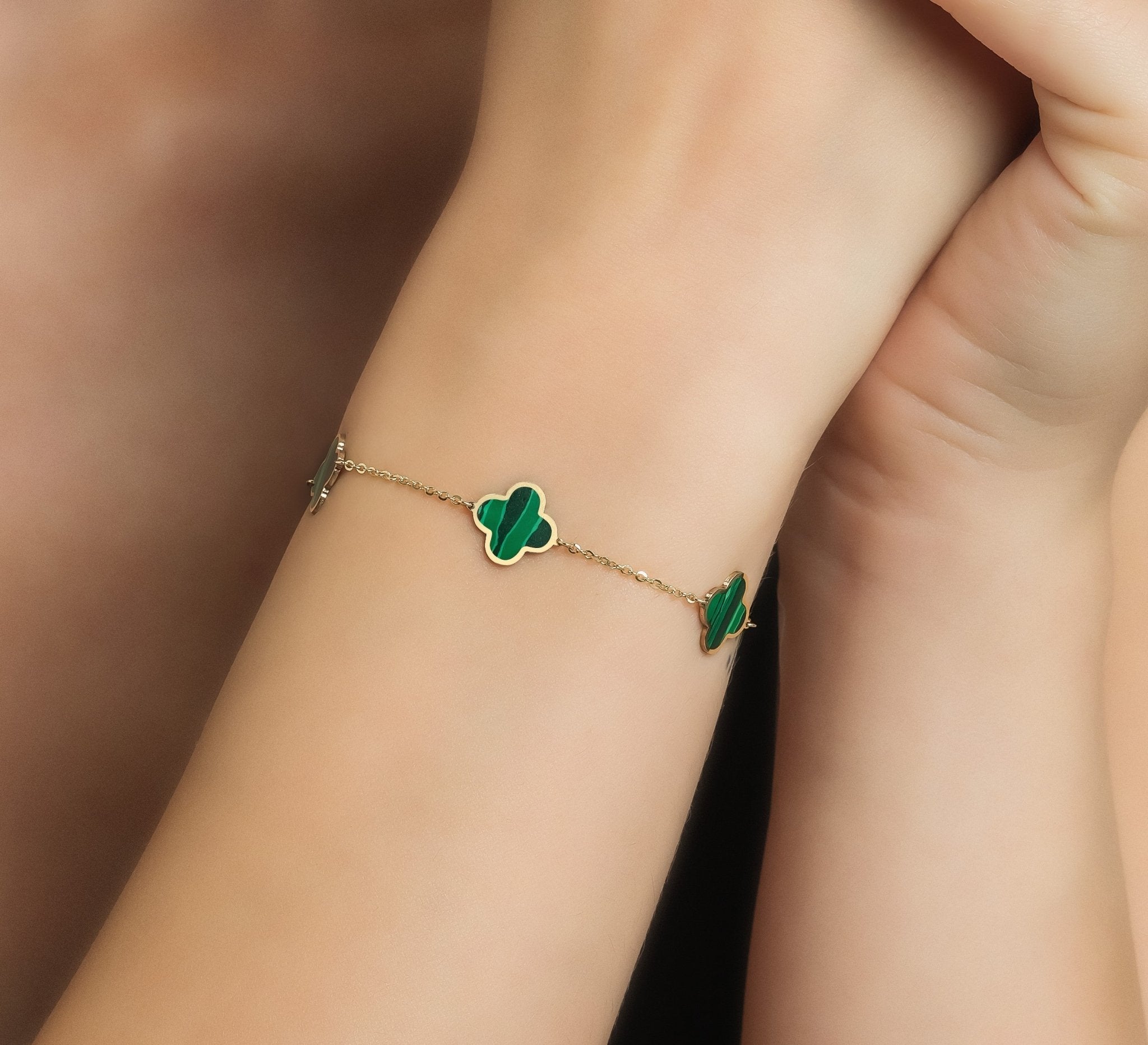 14K Solid Yellow Gold Malachite Four Leaf Clover Bracelet