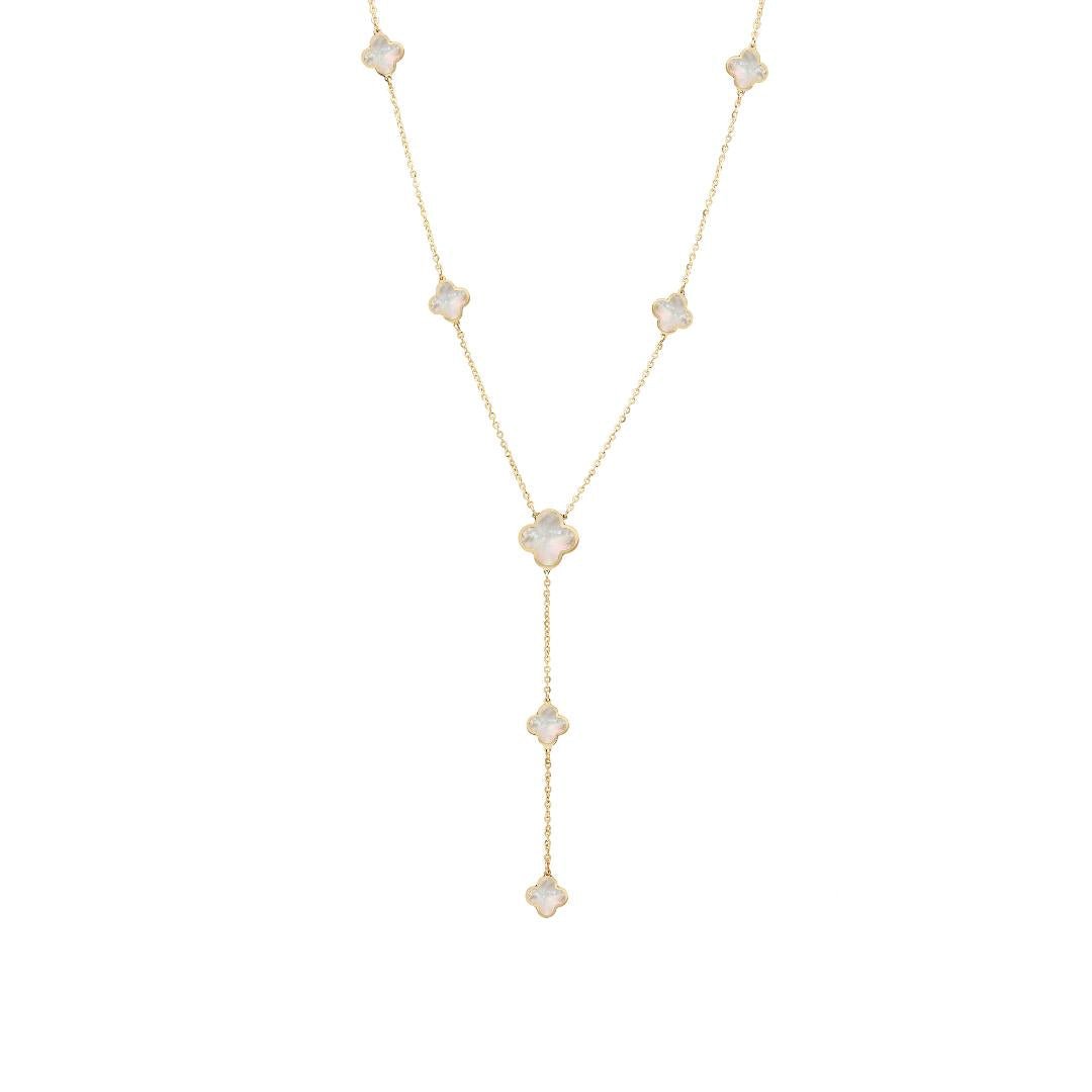14K Solid Yellow Gold Station Mother of Pearl Clover Necklace, Clover Y Necklace
