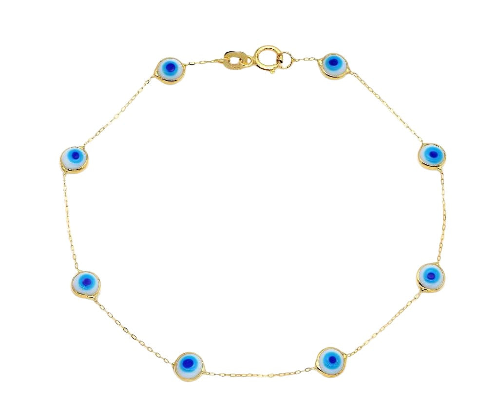 14K Solid Yellow Gold Beaded Station  Evil Eye Station Bracelet