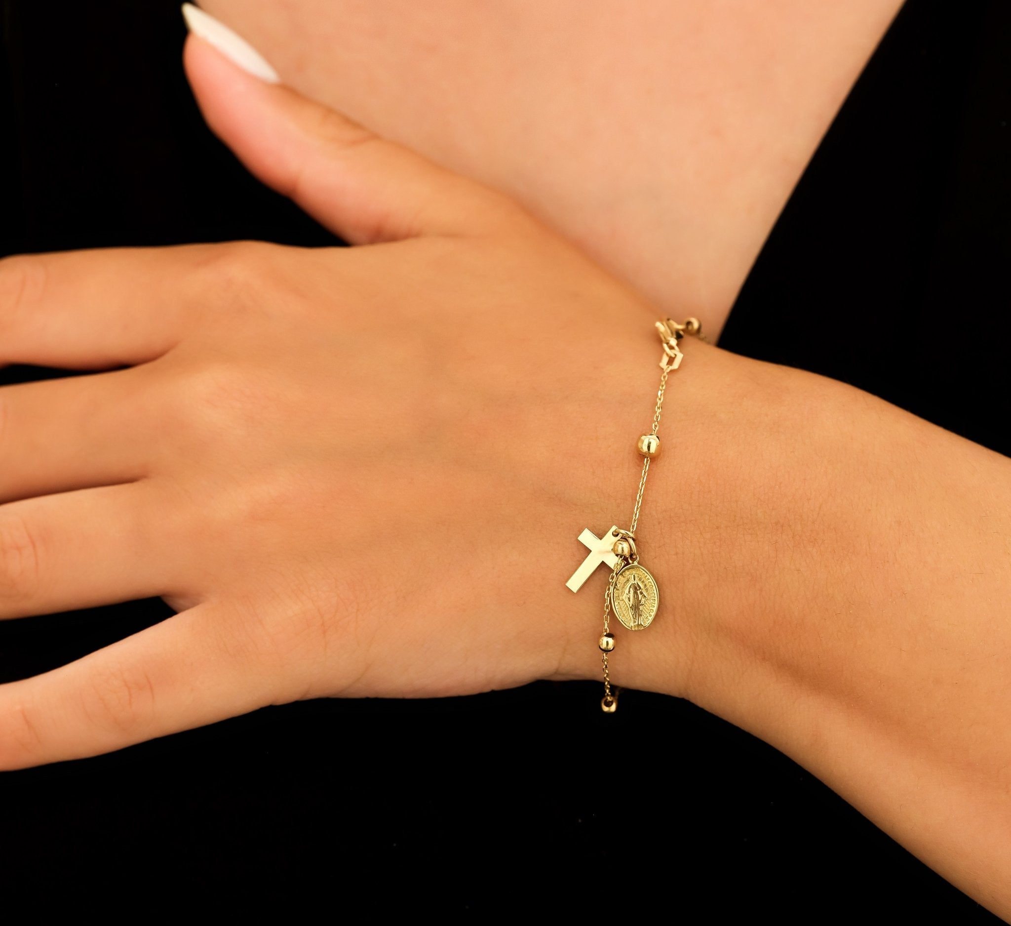14K Solid Yellow Gold Rosary Virgin Mary Cross Bracelet