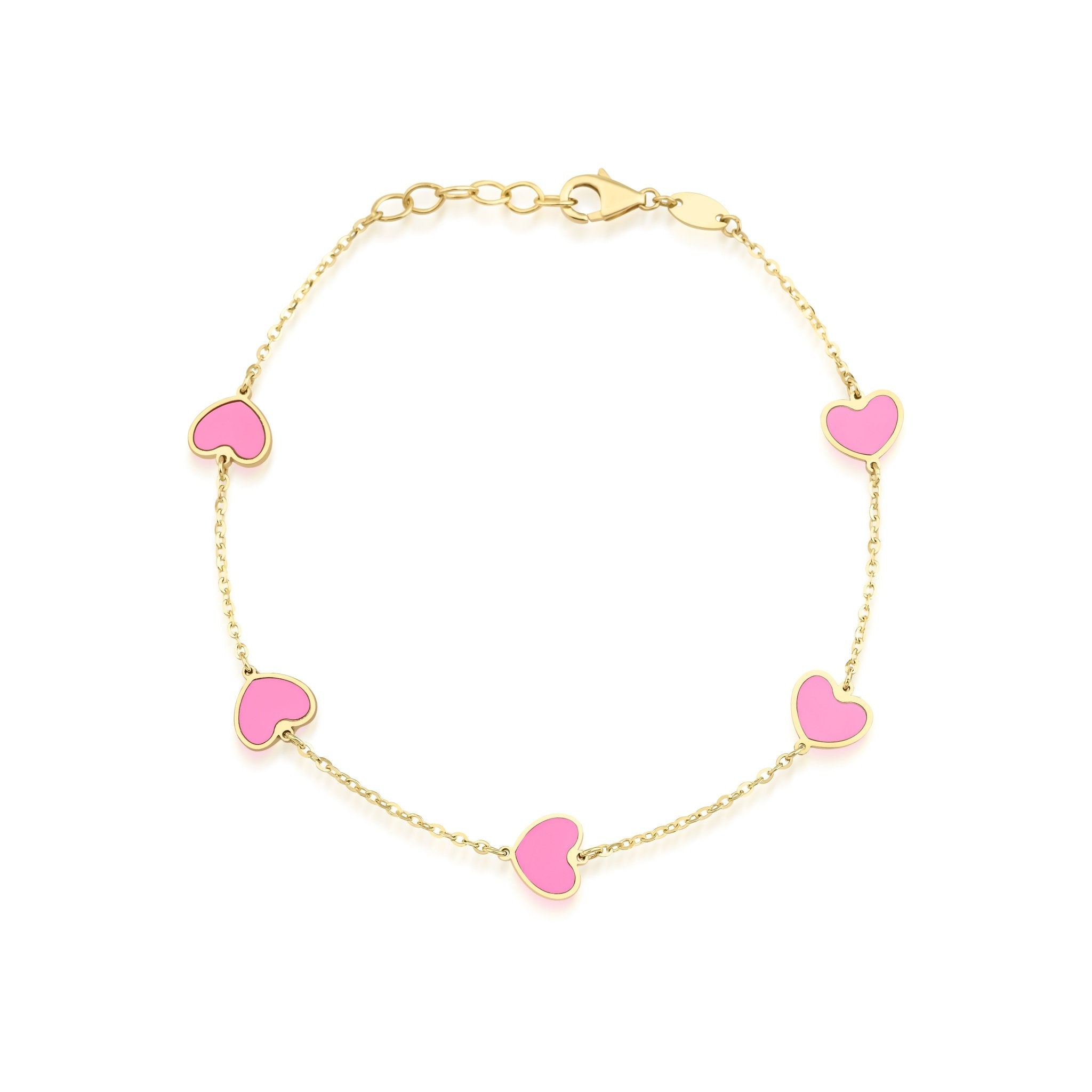 14K Solid Yellow Gold Pink Heart Station Bracelet