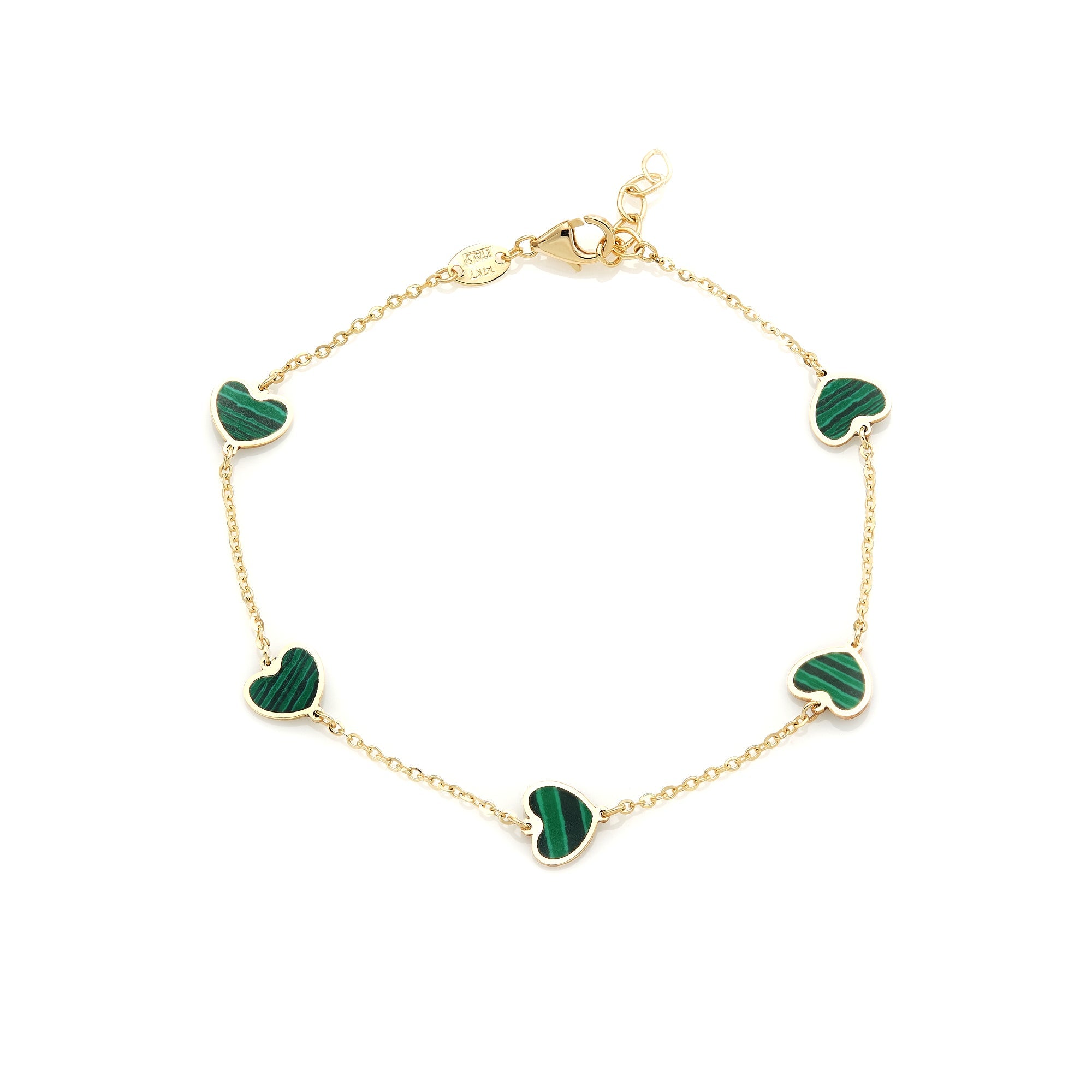 14K Solid Yellow Gold Malachite Heart Bracelet