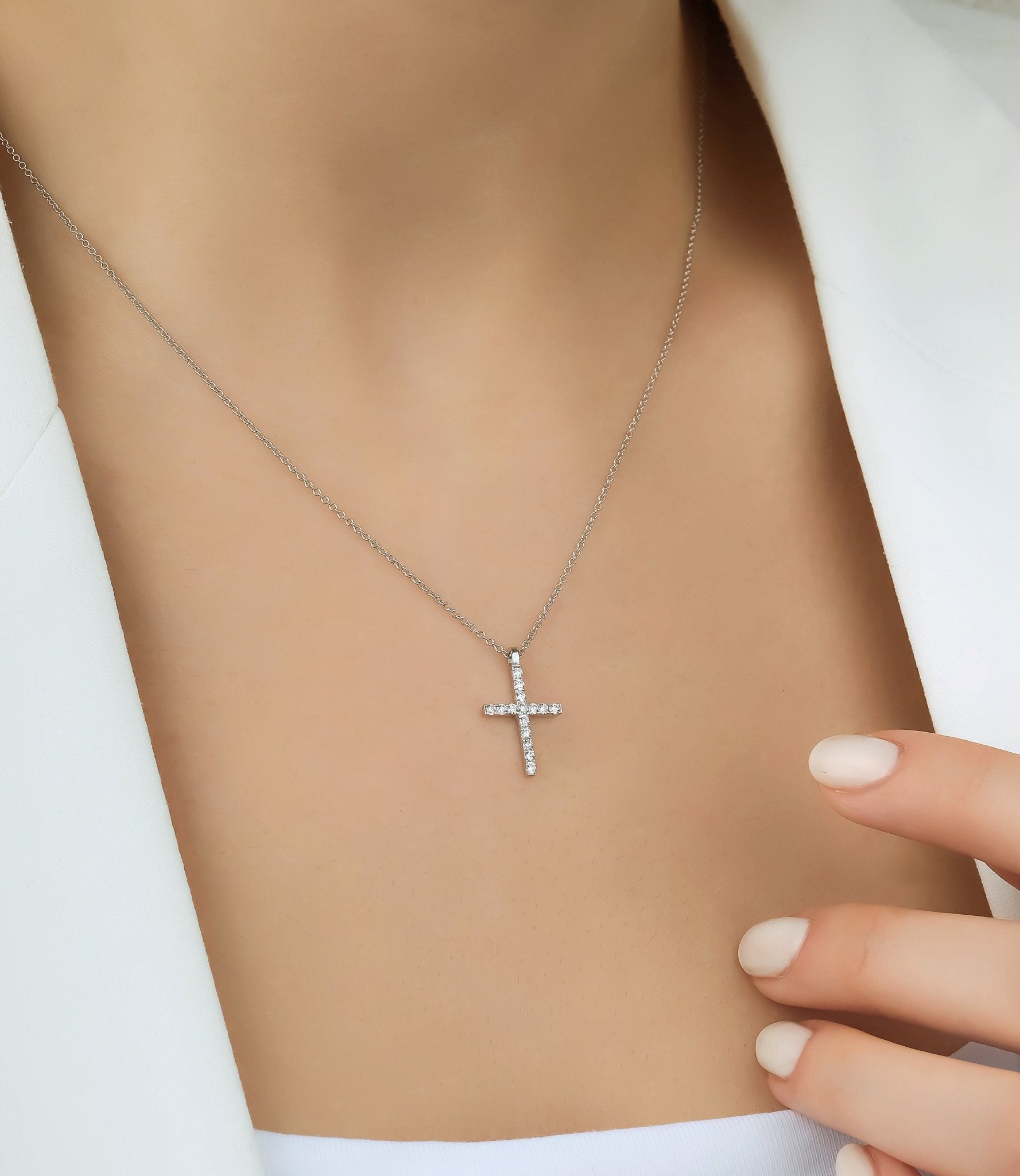 14K Solid White Gold Diamond Cross Necklace