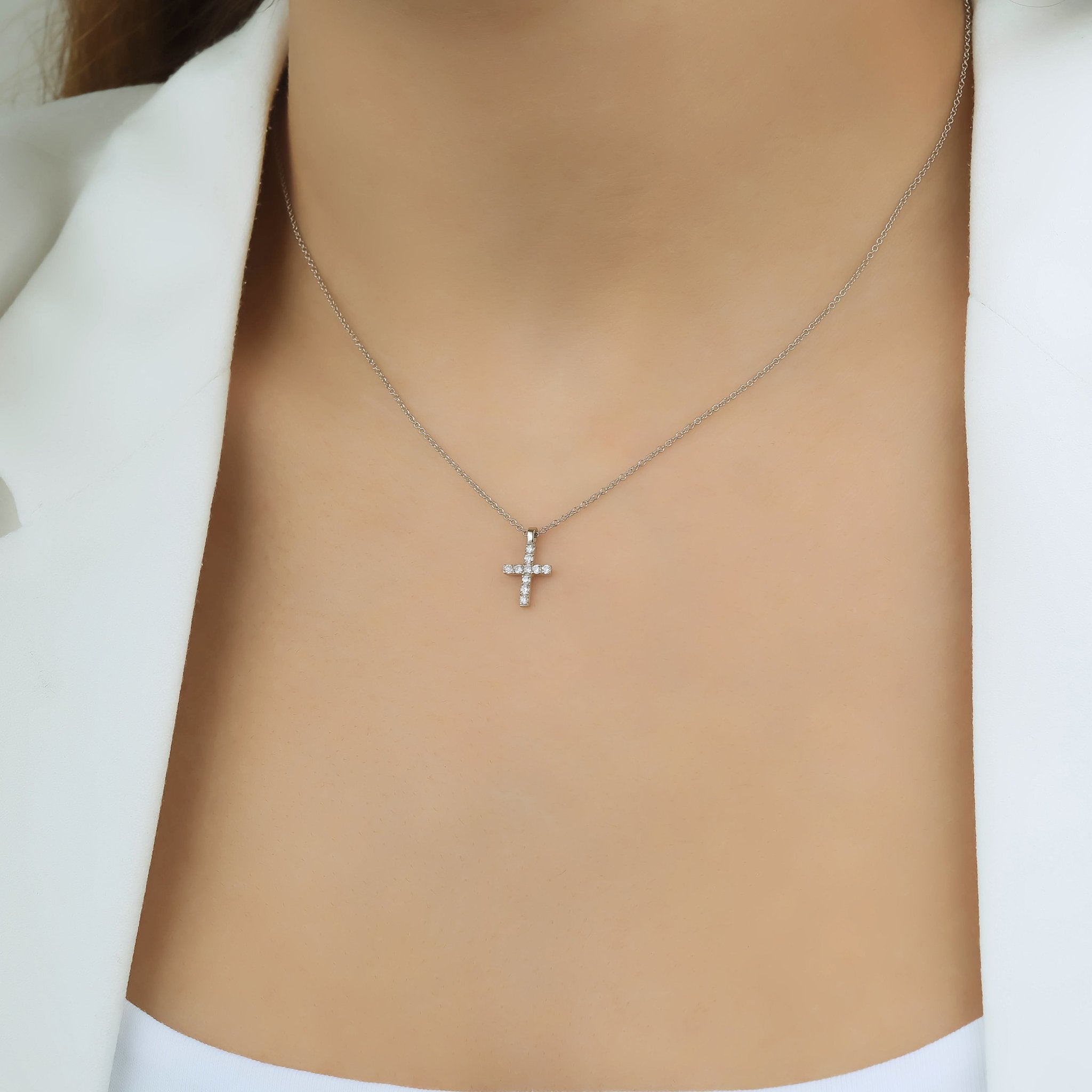 14K Solid White Gold Minimalist Diamond Cross Necklace
