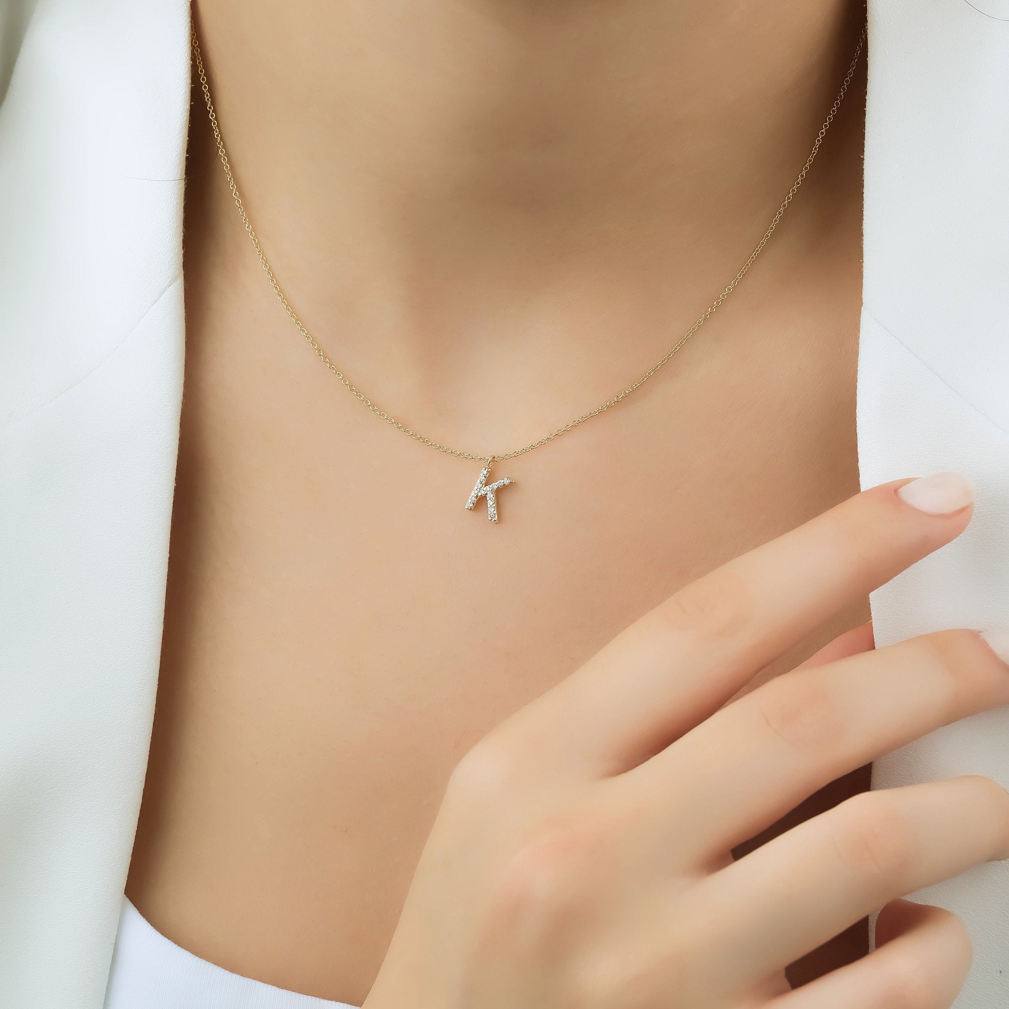 14K Yellow Gold Diamond Initial Necklace, Letter K Necklace