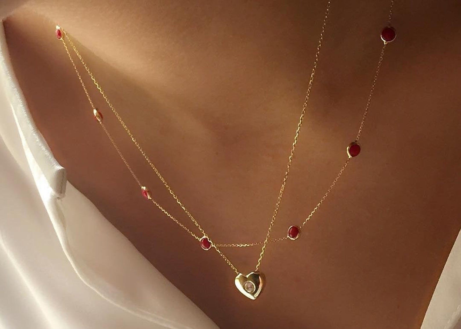 14K Solid Yellow Gold Beaded Station Ruby Necklace