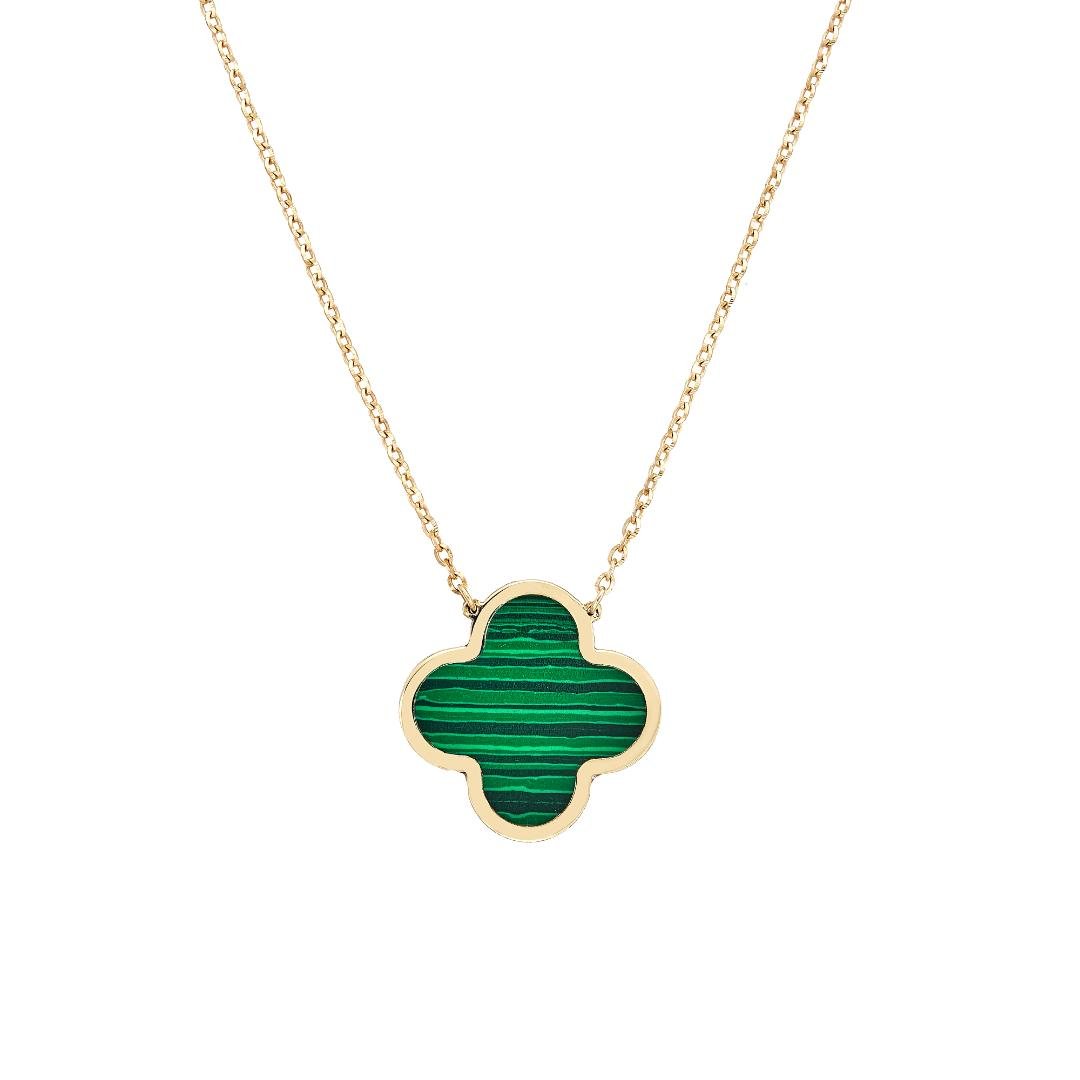 14K Yellow Gold Large Single Malachite Clover Necklace