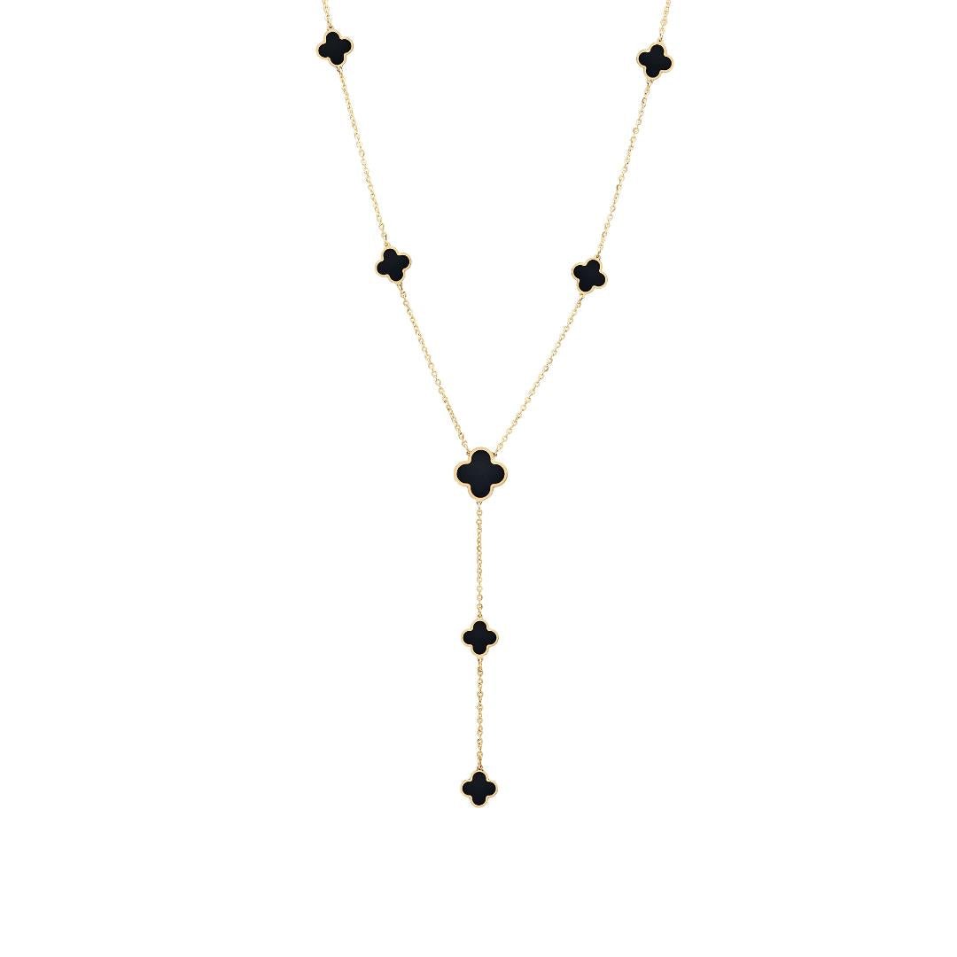 14K Solid Yellow Gold Station Onyx Clover Necklace