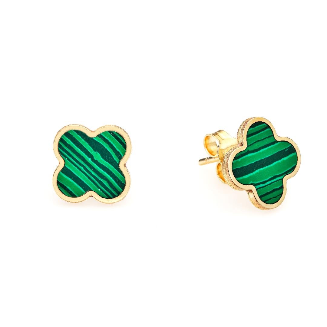 14K Yellow Gold Malachite Four Leaf Clover Earrings