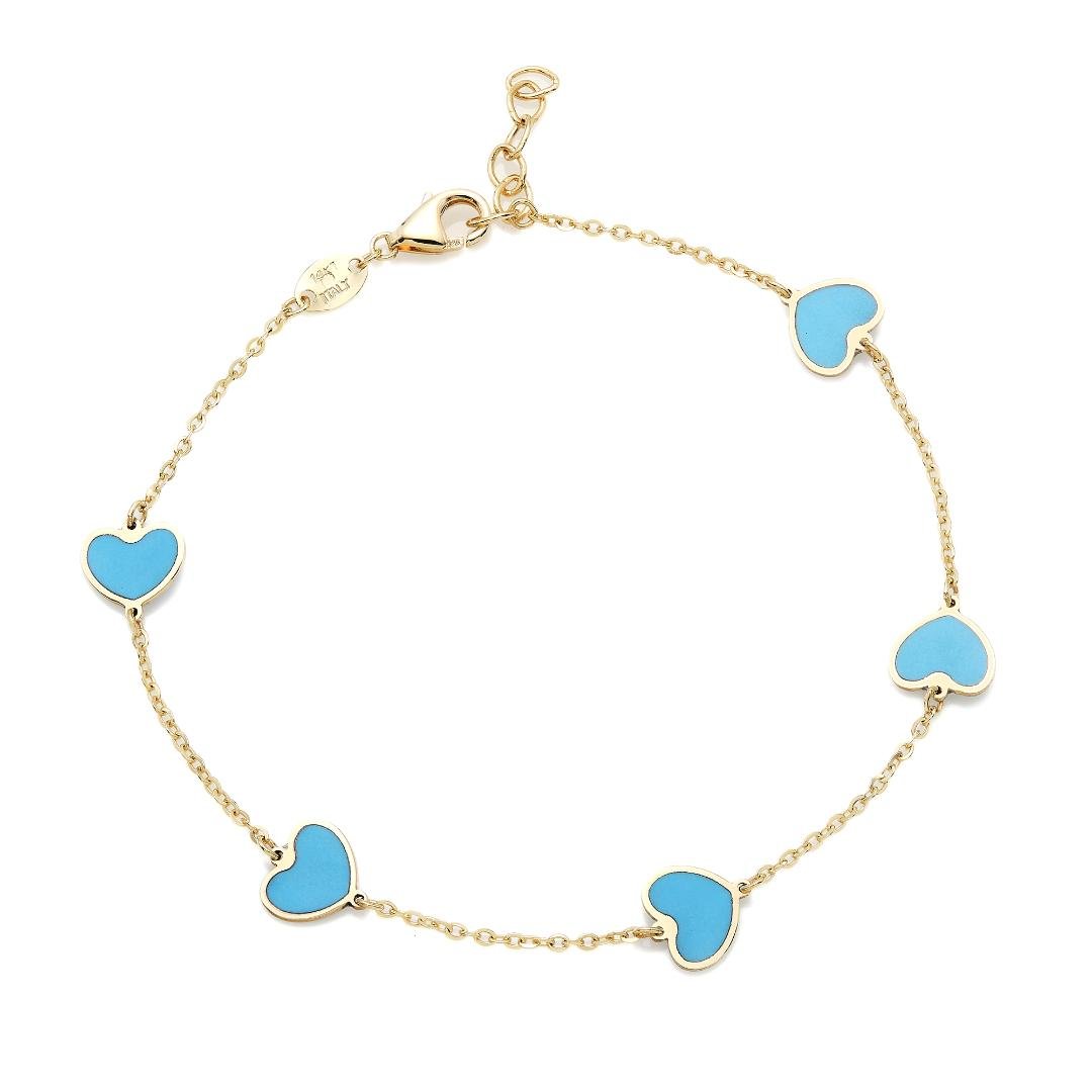 14K Yellow Gold Station Minimalist Turquoise Heart Bracelet