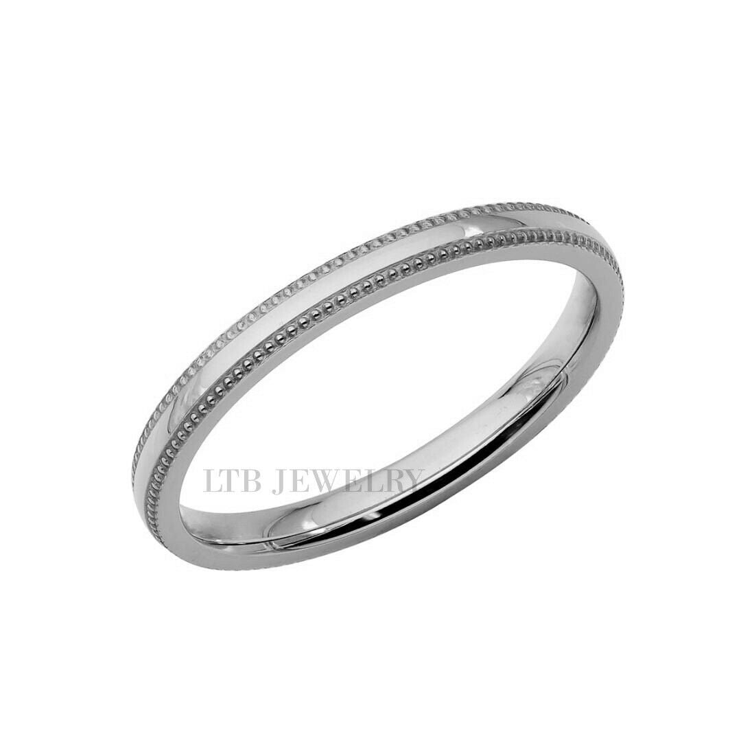 2mm 10K 14K 18K White Gold Dome Milgrain Mens and Womens Wedding Bands
