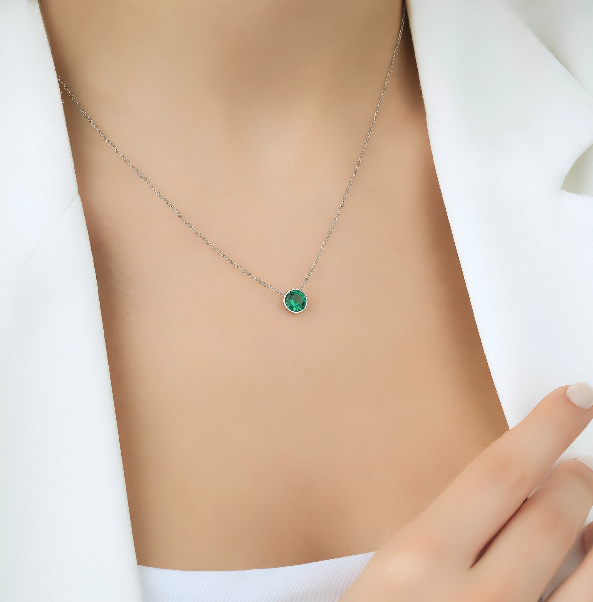 14K White Gold 6mm Bezel Set Solitaire Emerald Necklace