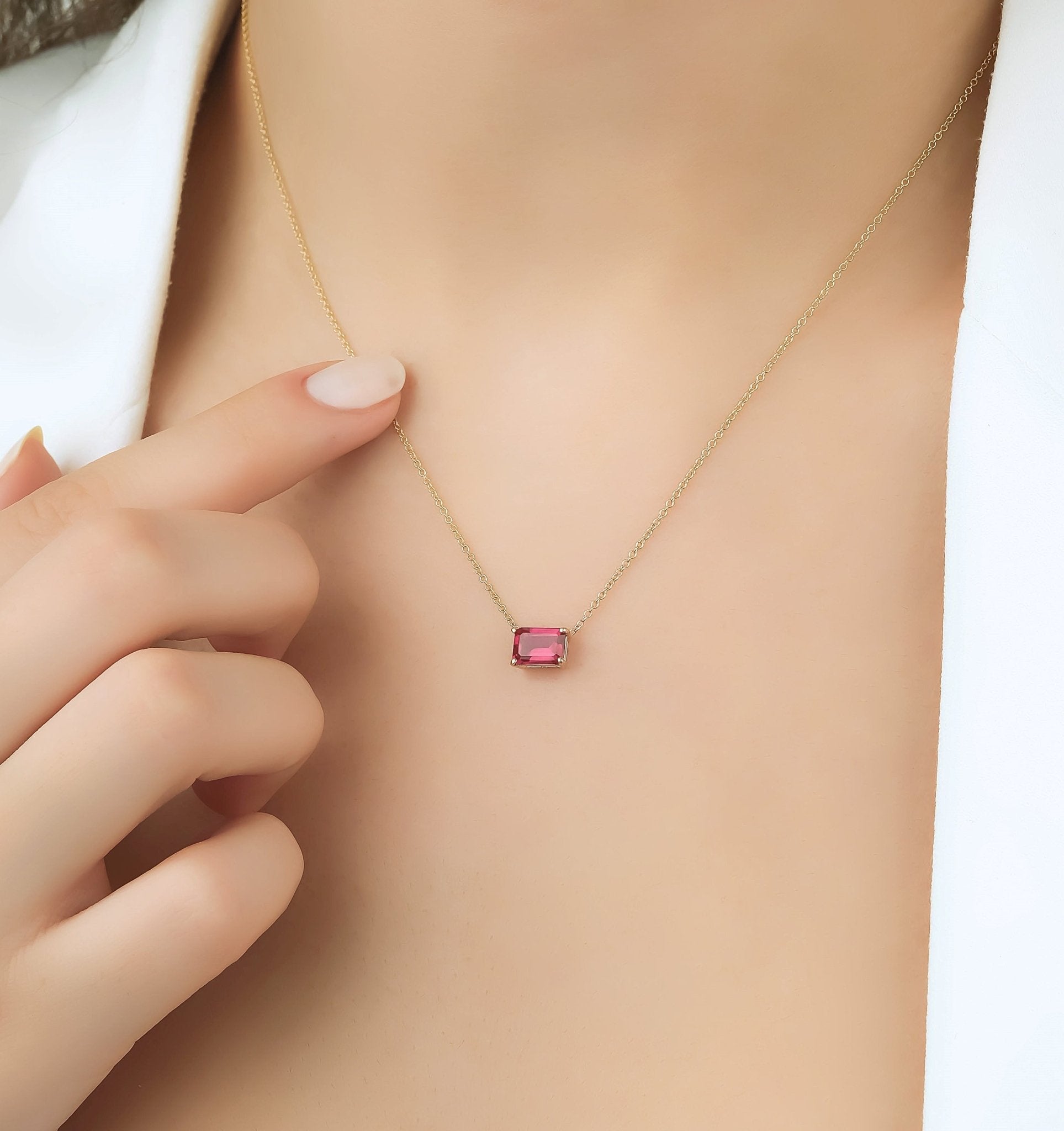 Ruby Necklace, 14K White Gold Emerald Cut Ruby Solitaire Necklace