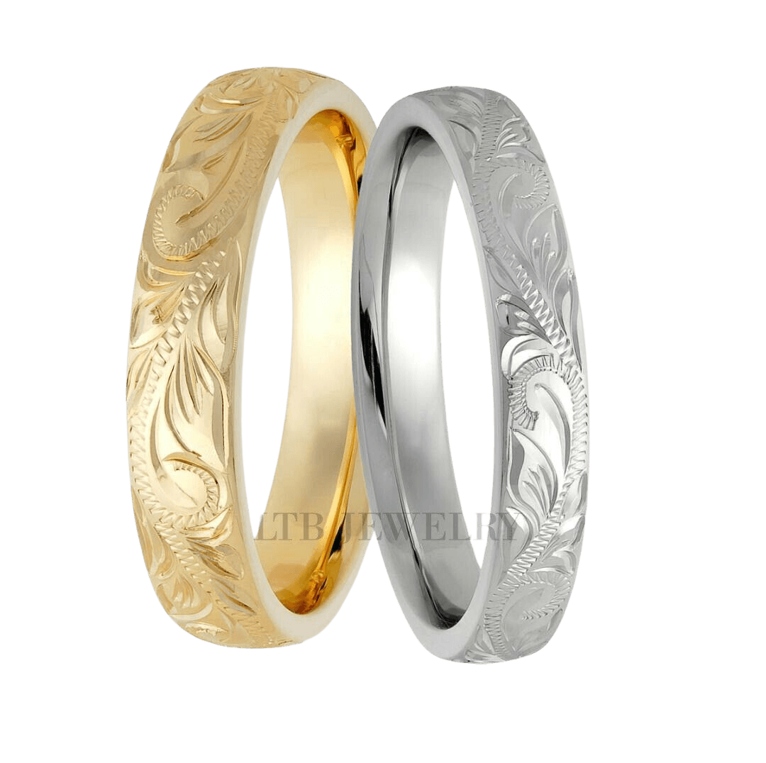 4mm 10K 14K 18K White and Yellow Gold Hand Engraved Wedding Bands