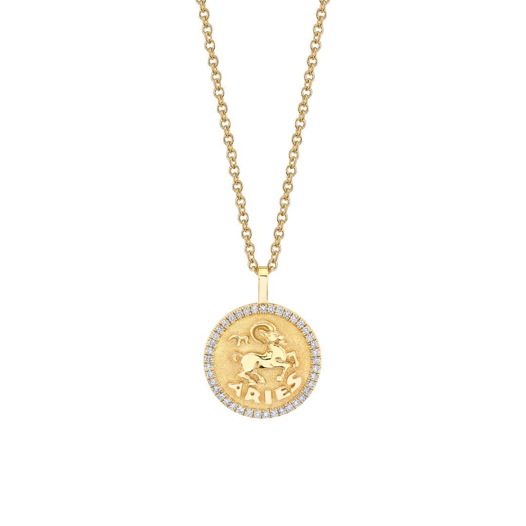 SMALL ZODIAC COIN PENDANT WITH DIAMOND FRAME