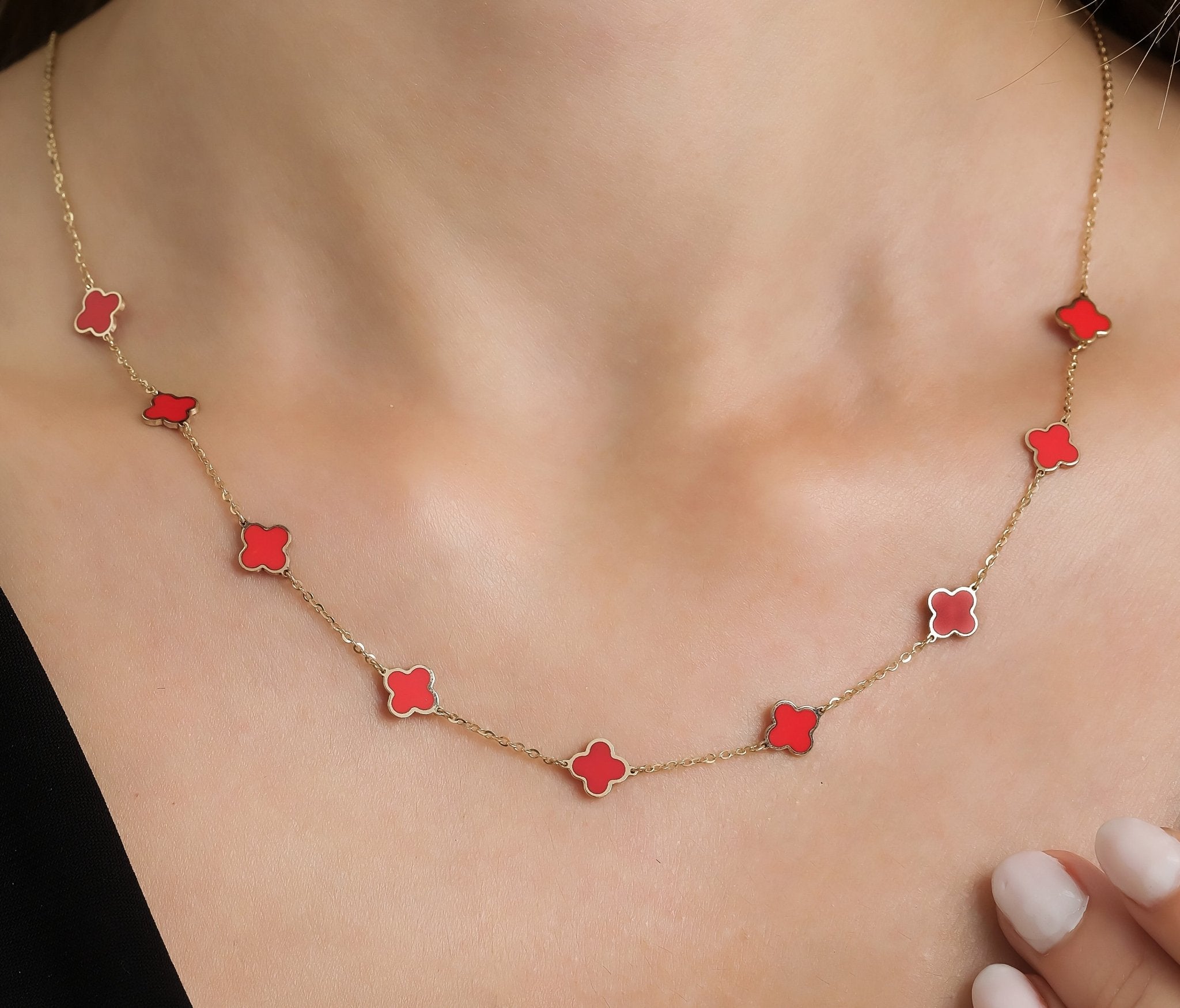 14K Solid Yellow Gold Red Coral Four Leaf Clover Necklace