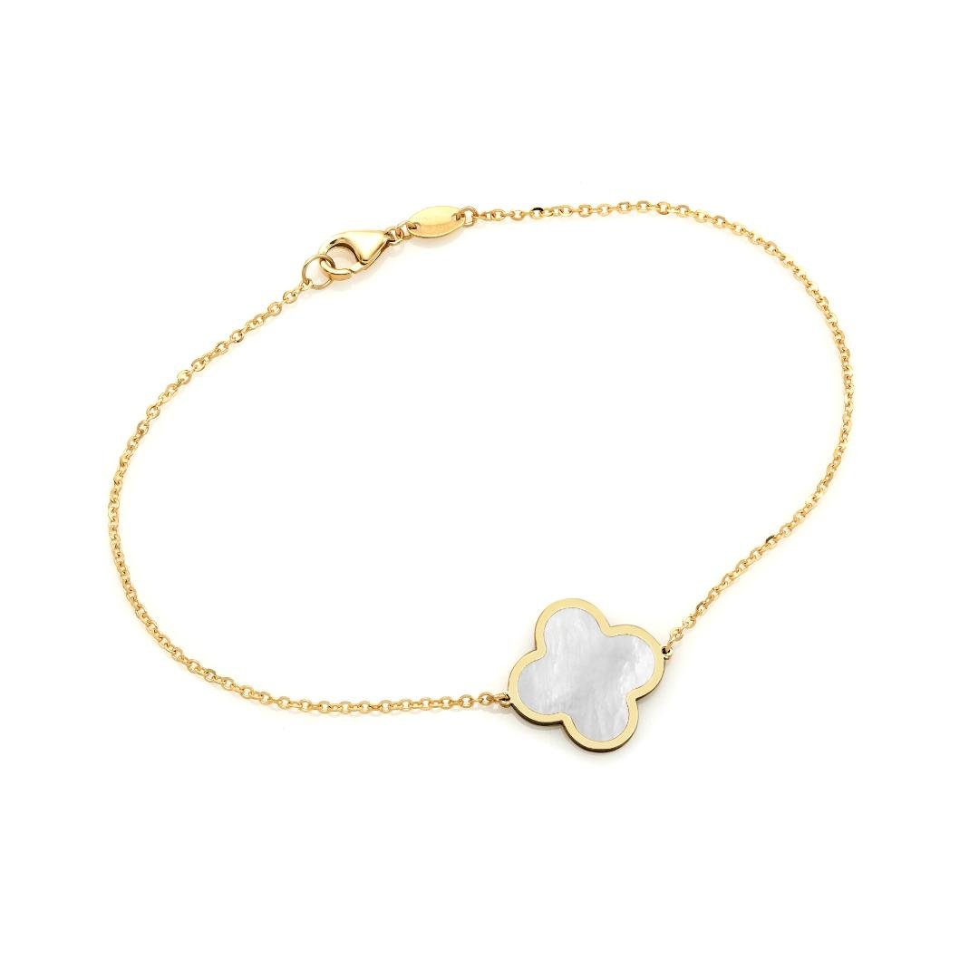 14K Solid Yellow Gold Mother of Pearl Leaf Clover Bracelet