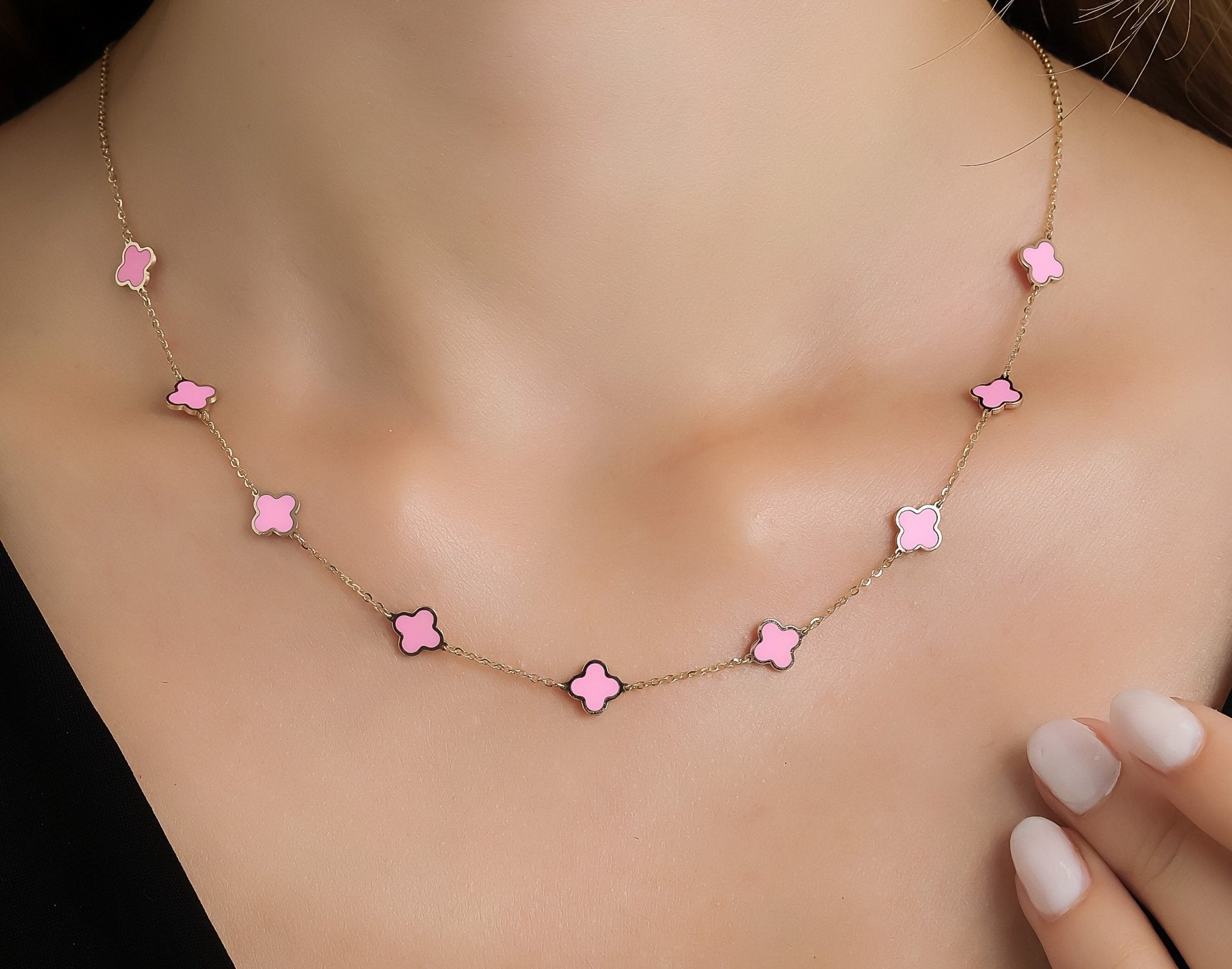 14K Solid Yellow Gold Pink Four Leaf Clover Station Necklace