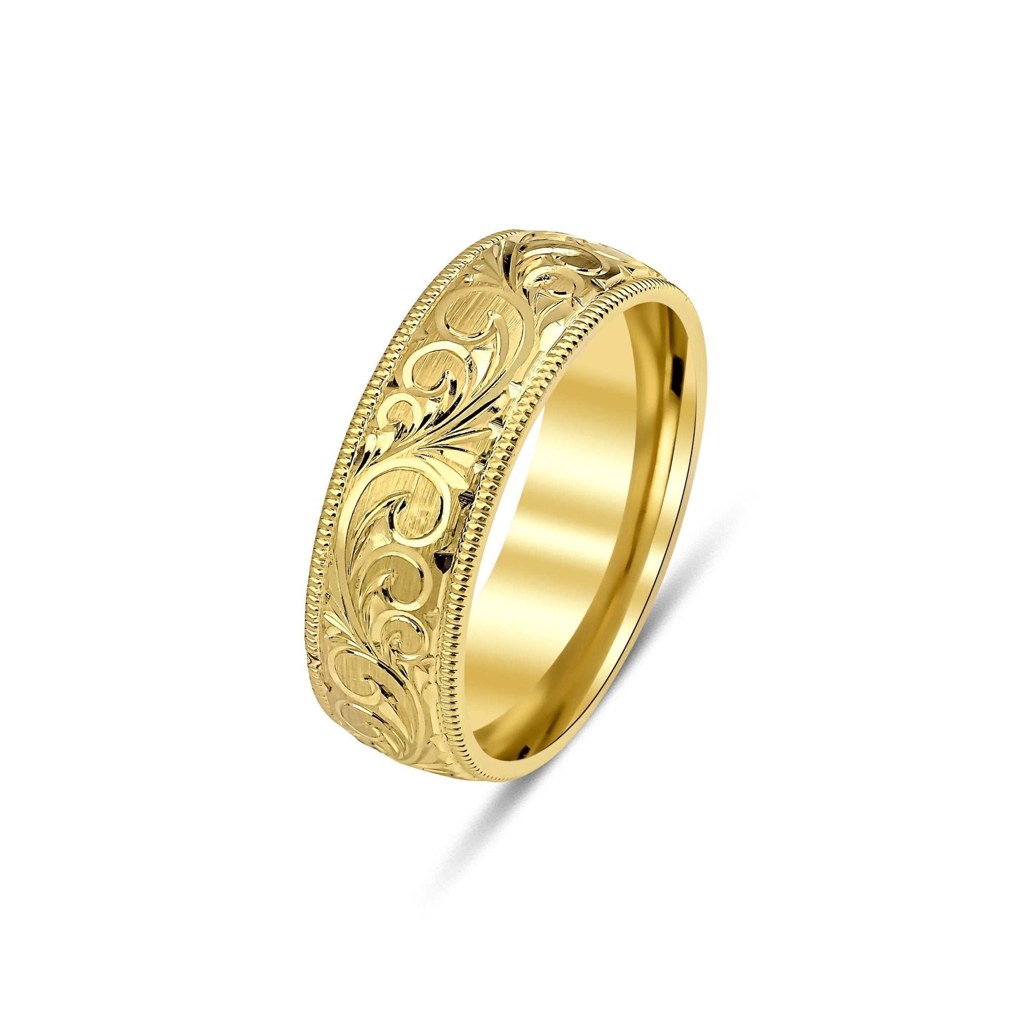 14K Yellow Gold Hand Engraved Mens Wedding Bands