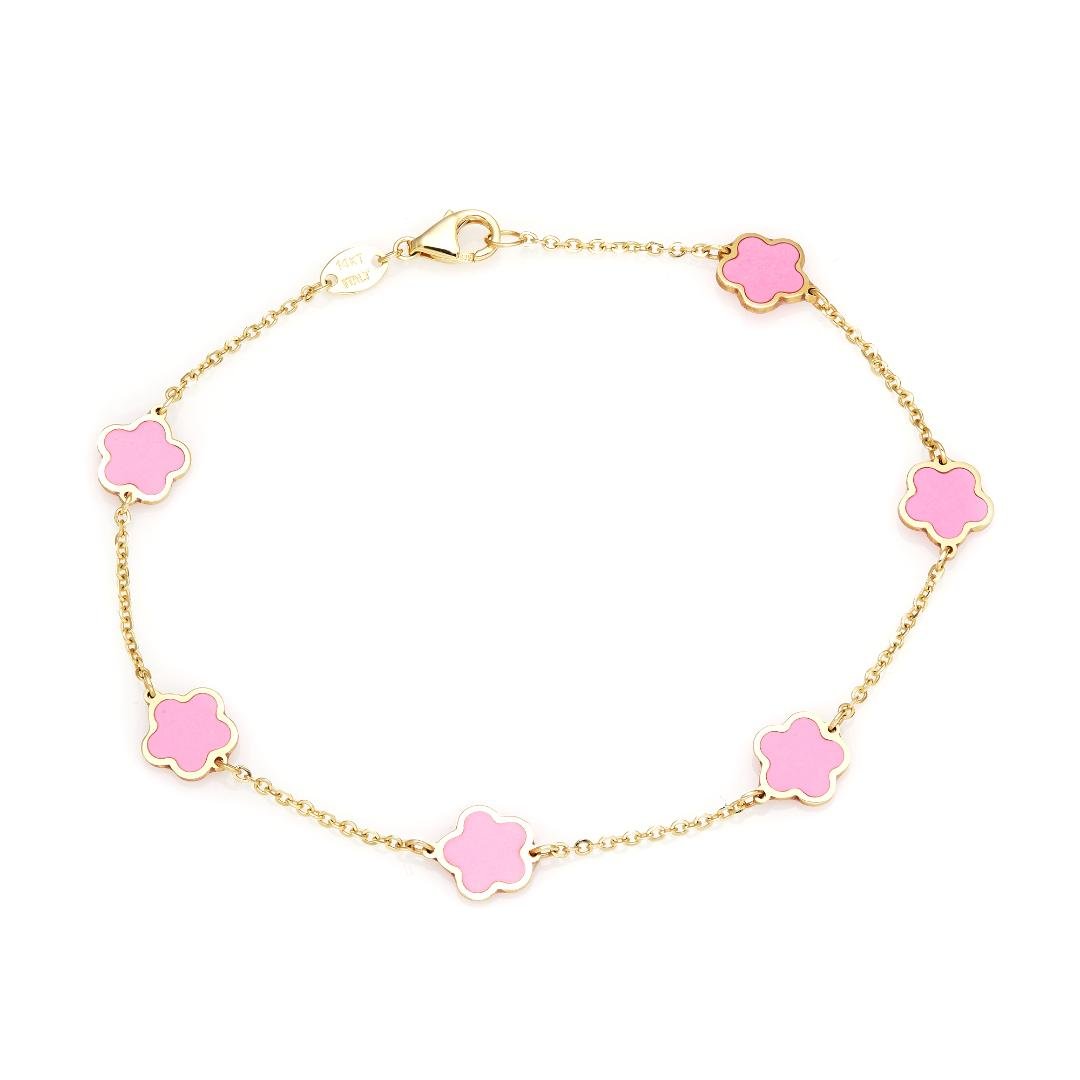 14K Yellow Gold Pink Daisy Blossom Station Bracelet