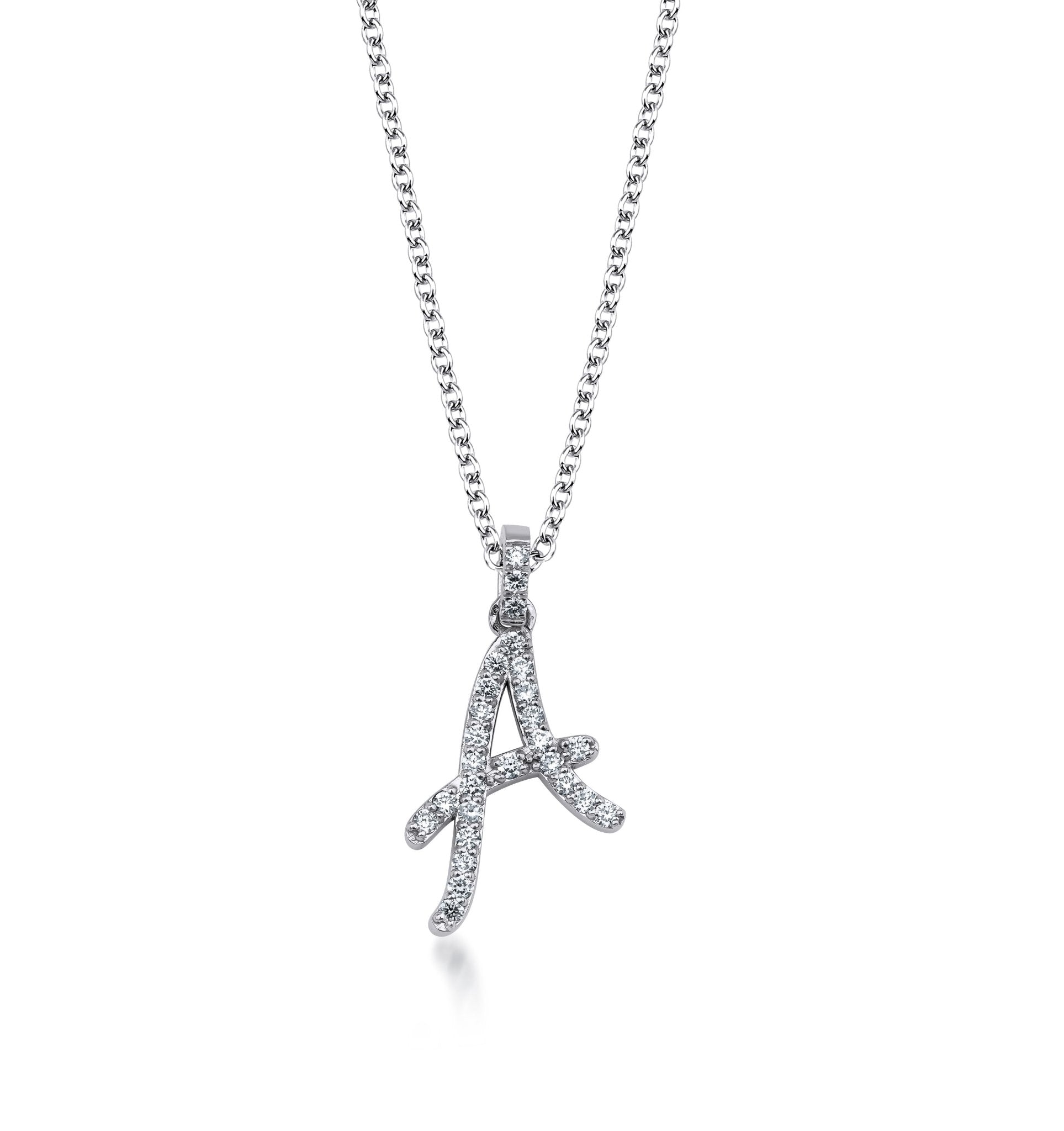 14K Solid White Gold Diamond Initial Necklace, Script Letter A Necklace