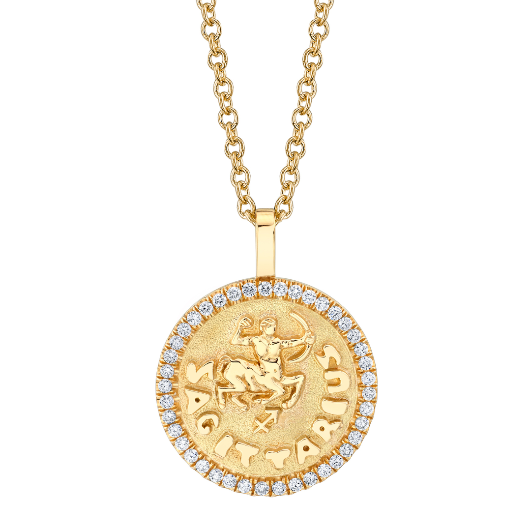 SAGITTARIUS ZODIAC COIN PENDANT WITH DIAMOND FRAME
