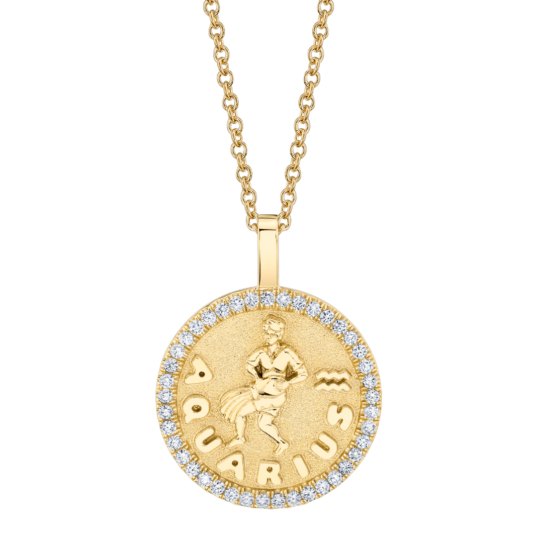 AQUARIUS ZODIAC COIN PENDANT WITH DIAMOND FRAME