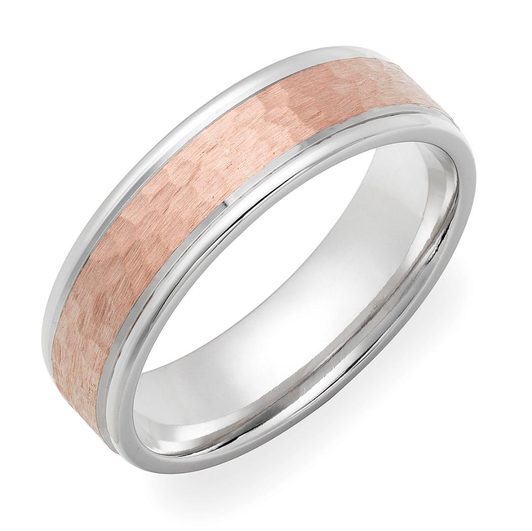 14K White and Rose Gold Hammered Finish Mens Wedding Bands
