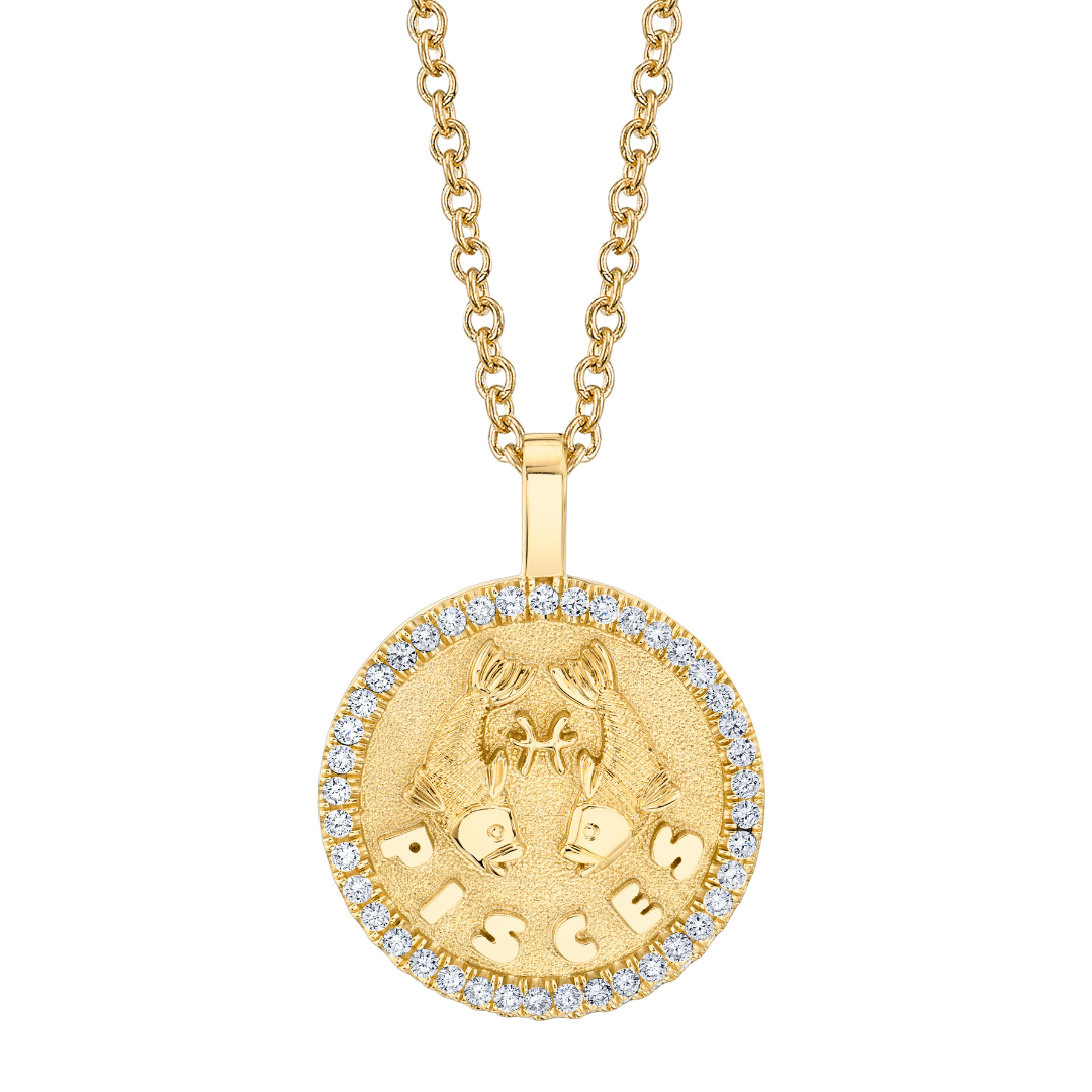 PISCES ZODIAC COIN PENDANT WITH DIAMOND FRAME