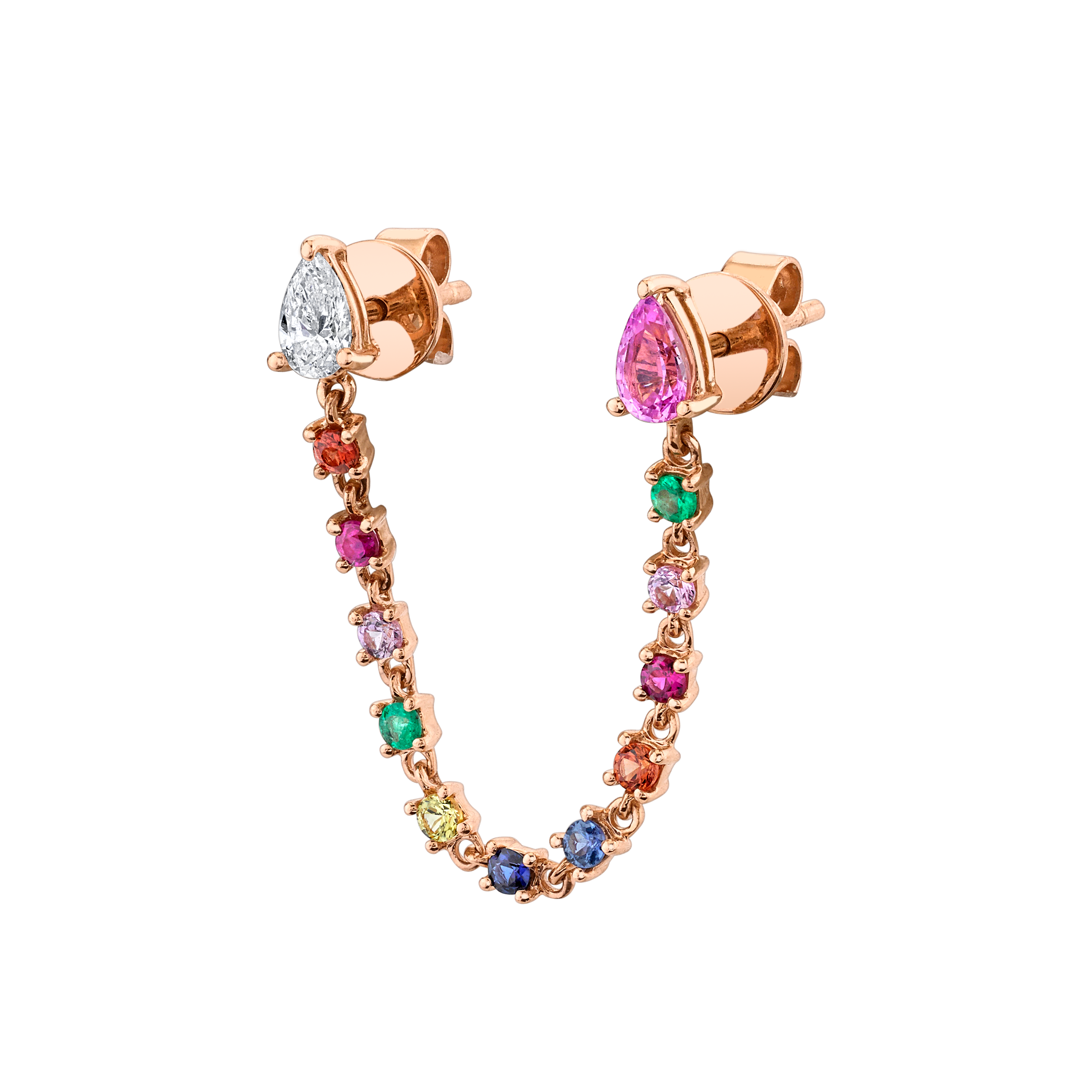 DOUBLE PIERCING LOOP EARRING WITH DIAMOND AND PINK SAPPHIRE PEAR STUDS