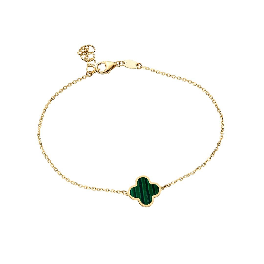 14K Solid Yellow Gold Single Malachite Leaf Clover Bracelet