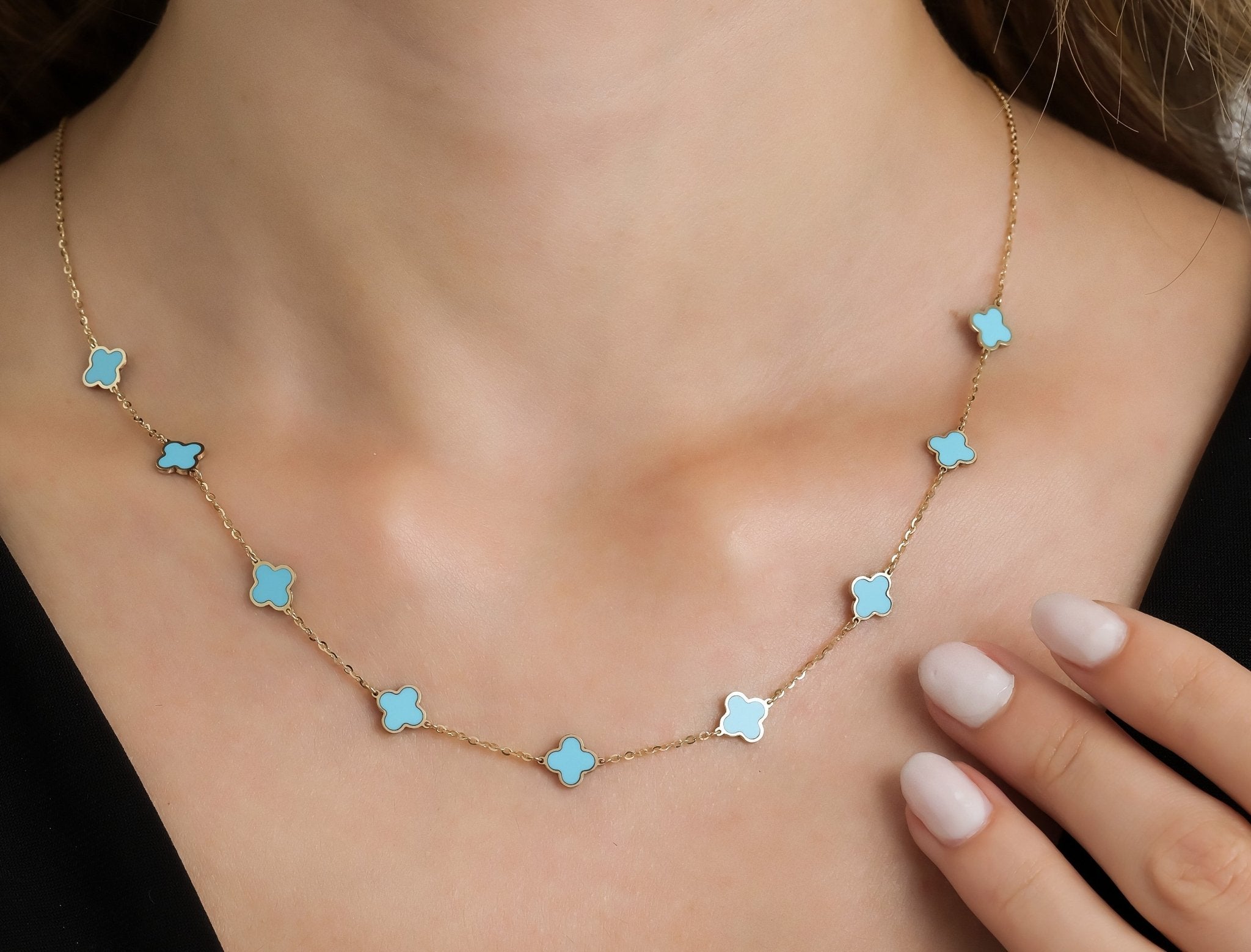 14K Solid Yellow Gold Turquoise Four Leaf Clover Necklace