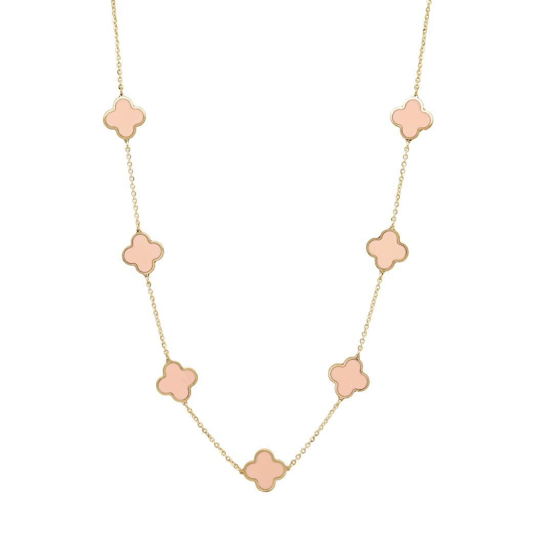 14K Solid Yellow Gold Station Pink Clover Necklace