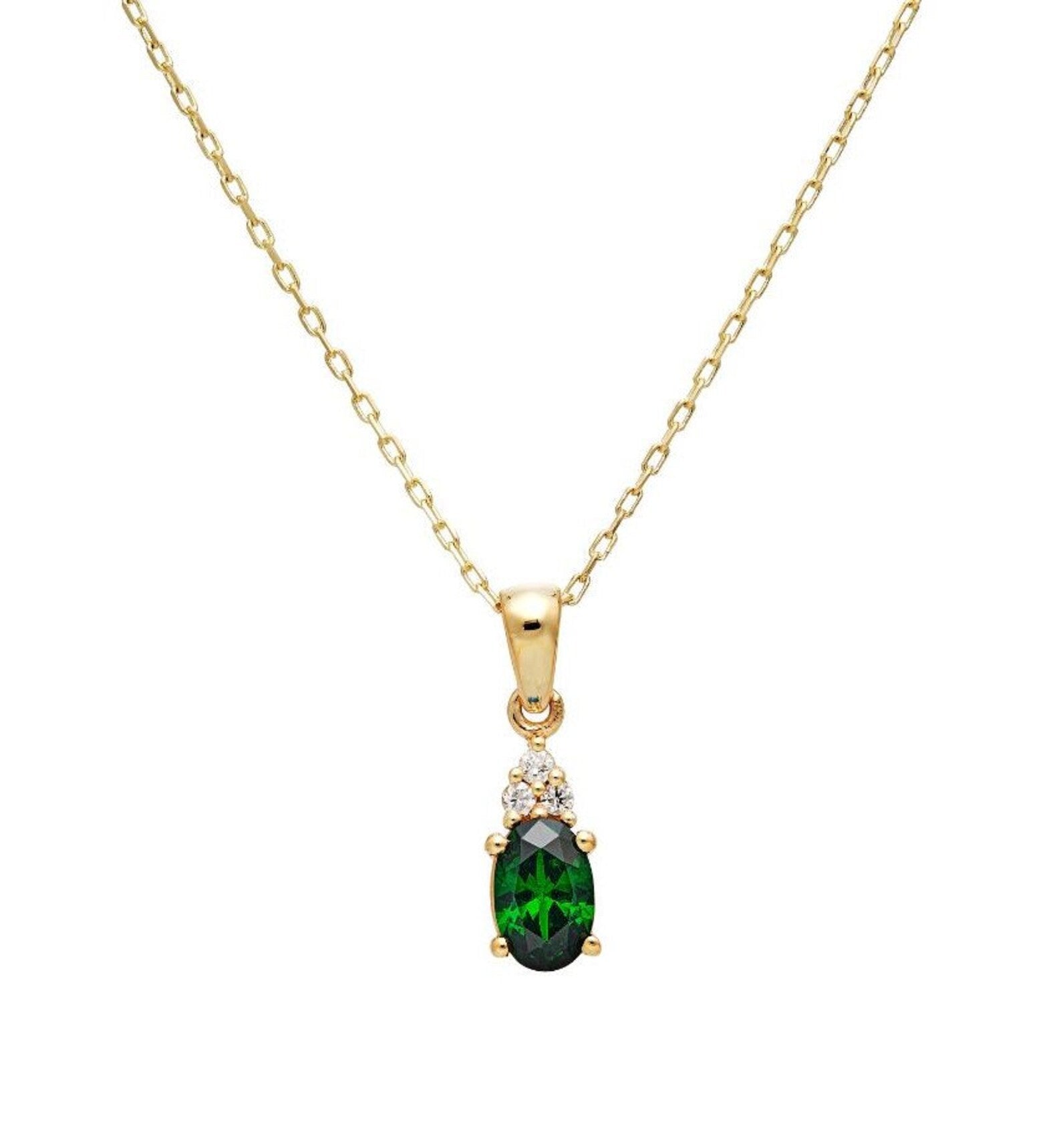 14K Solid Yellow Gold Emerald Solitaire Necklace