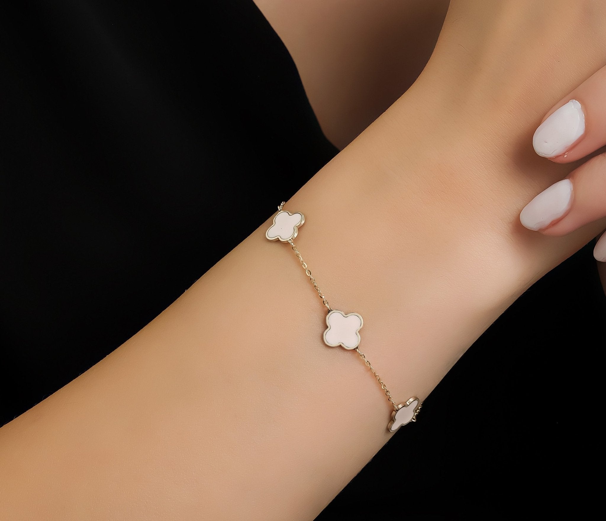 14K Solid Yellow Gold Pink Four Leaf Clover Bracelet