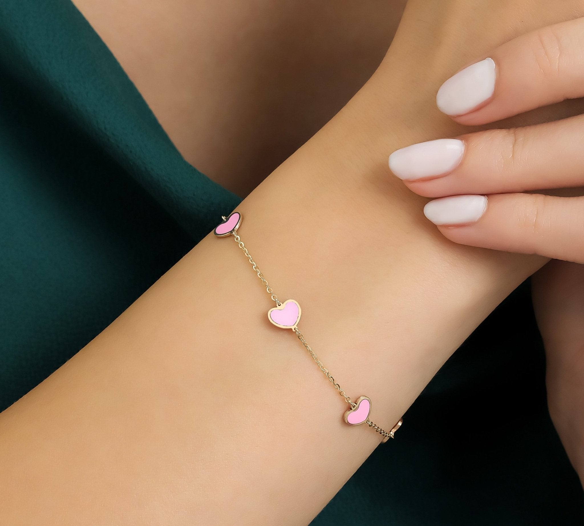 14K Solid Yellow Gold Pink Heart Bracelet