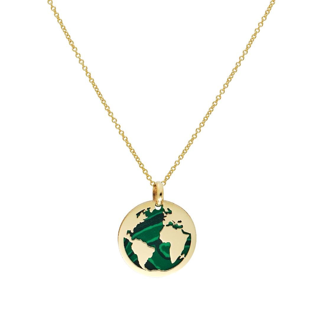 14K Yellow Gold Malachite World Map Necklace, Earth Necklace
