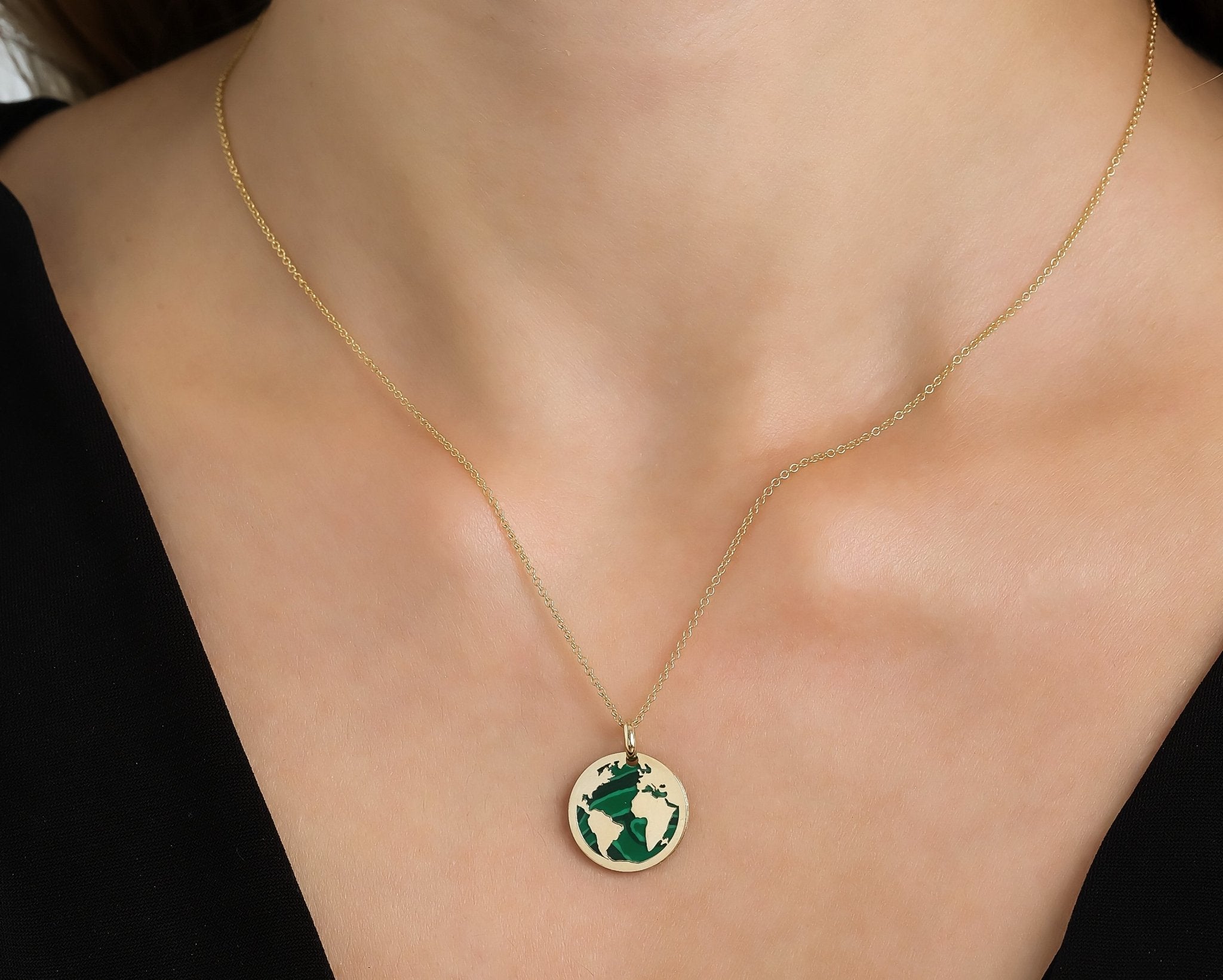 14K Yellow Gold Malachite World Map Necklace, Earth Necklace 3 14K Yellow Gold Malachite World Map Necklace, Earth Necklace