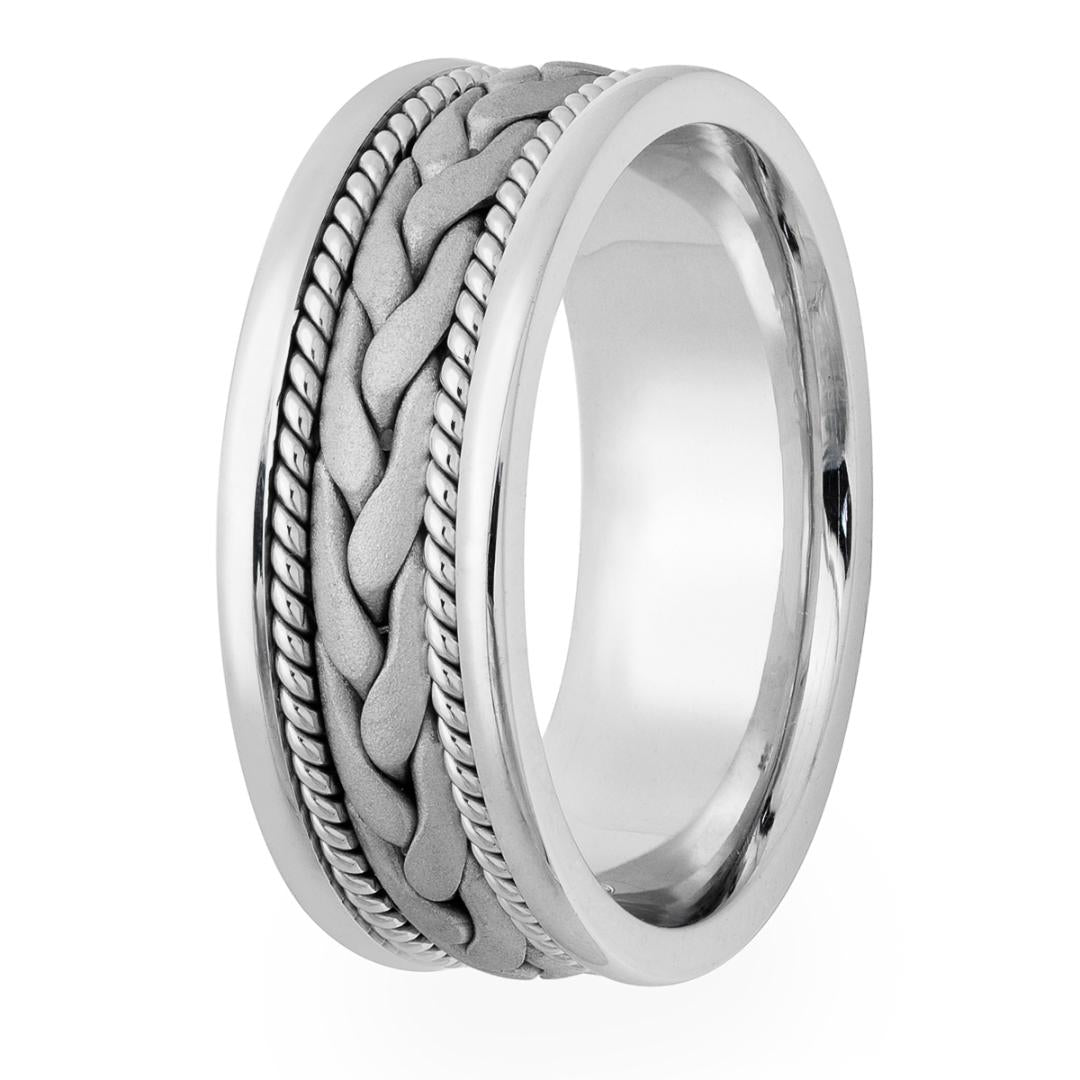 14K White Gold Handmade Braided Mens Wedding Bands