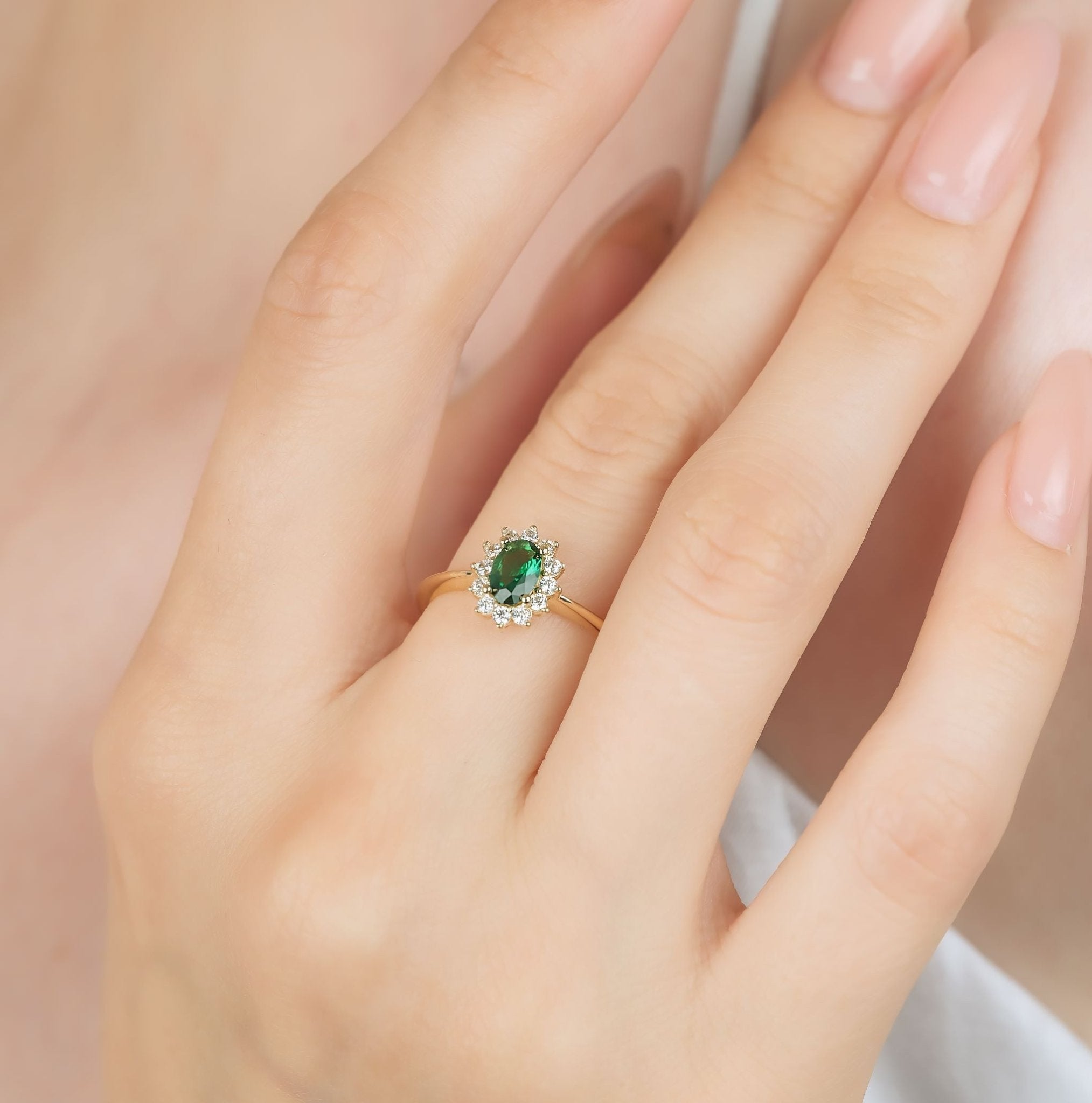 14K Yellow Gold Oval Emerald Ring, Womens Wedding Band