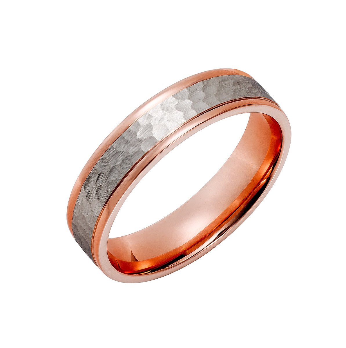 Hammered Finish Platinum and 14K Rose Gold Wedding Bands