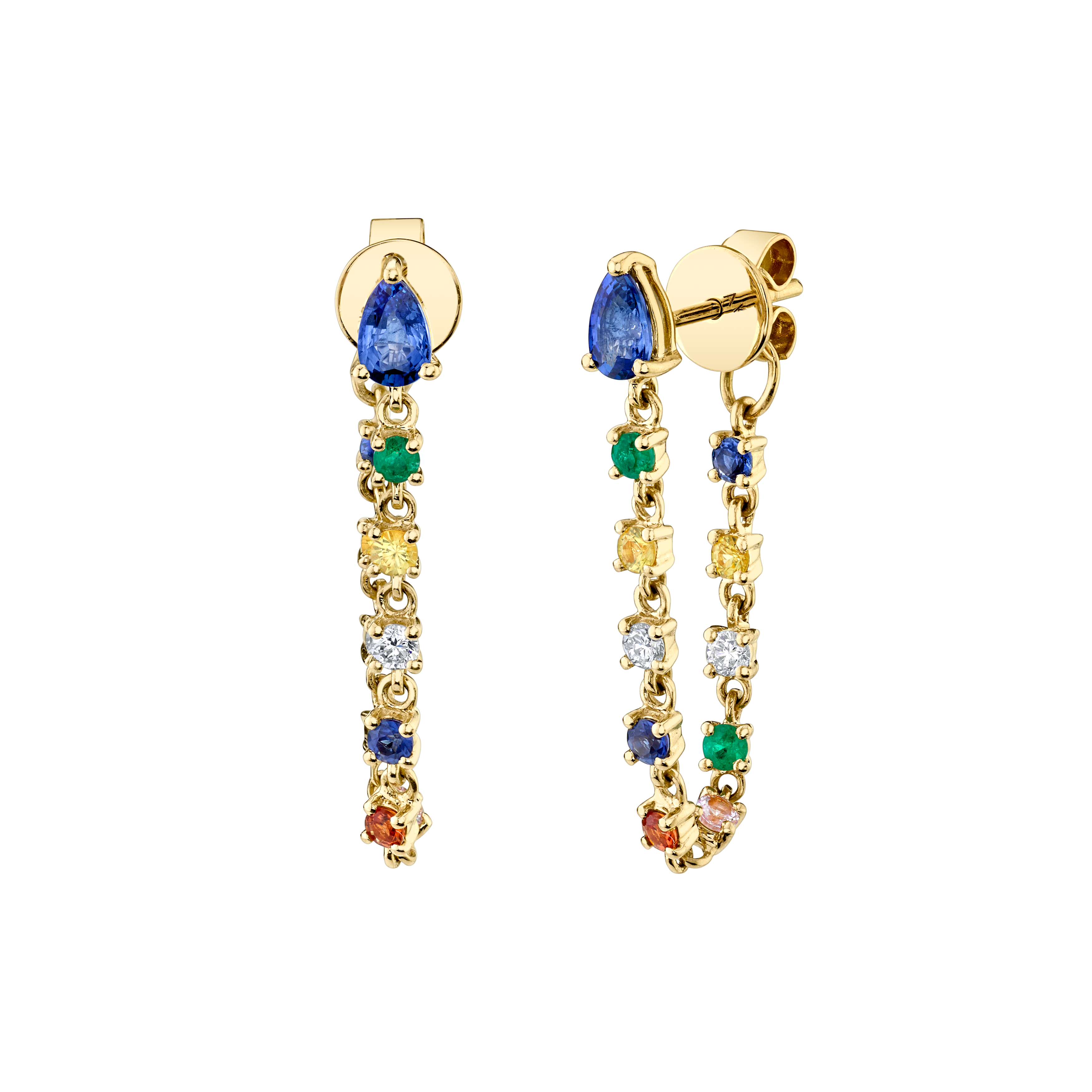 BLUE SAPPHIRE PEAR, DIAMOND AND MULTI-COLORED FINE GEMSTONE LOOP EARRINGS
