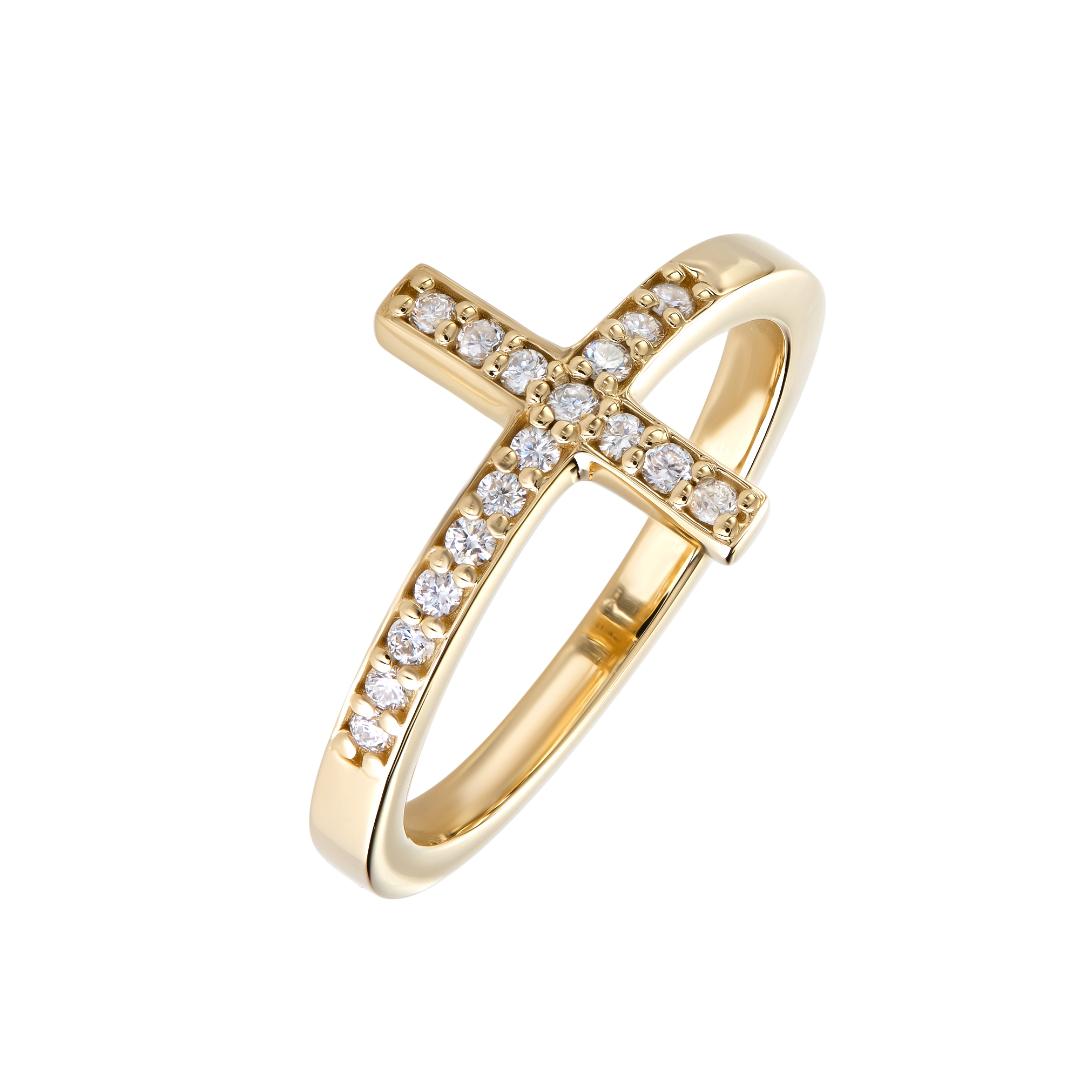 14K Solid Yellow Gold Diamond Cross Ring