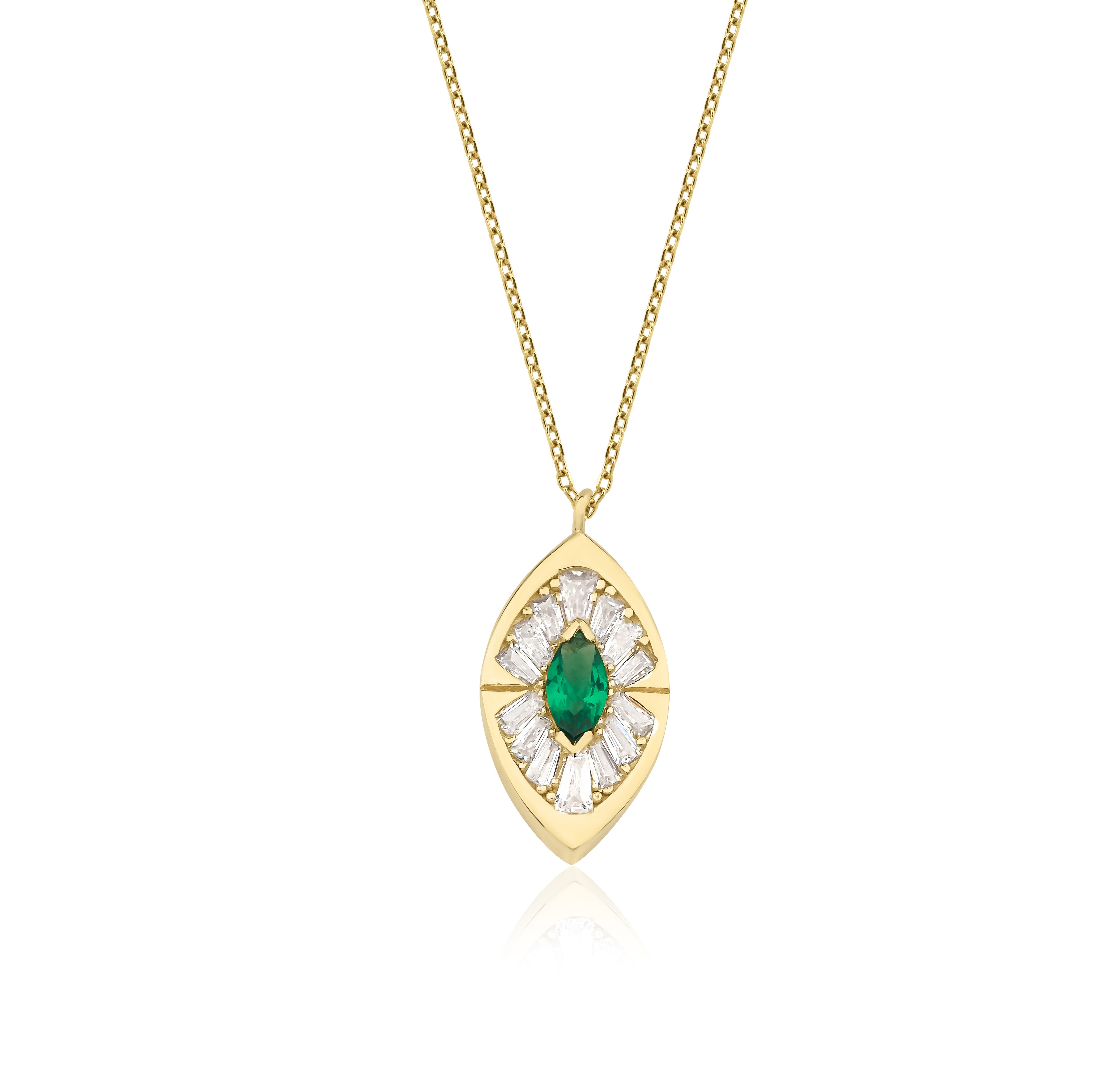14K Solid Yellow Gold Marquise Emerald Necklace