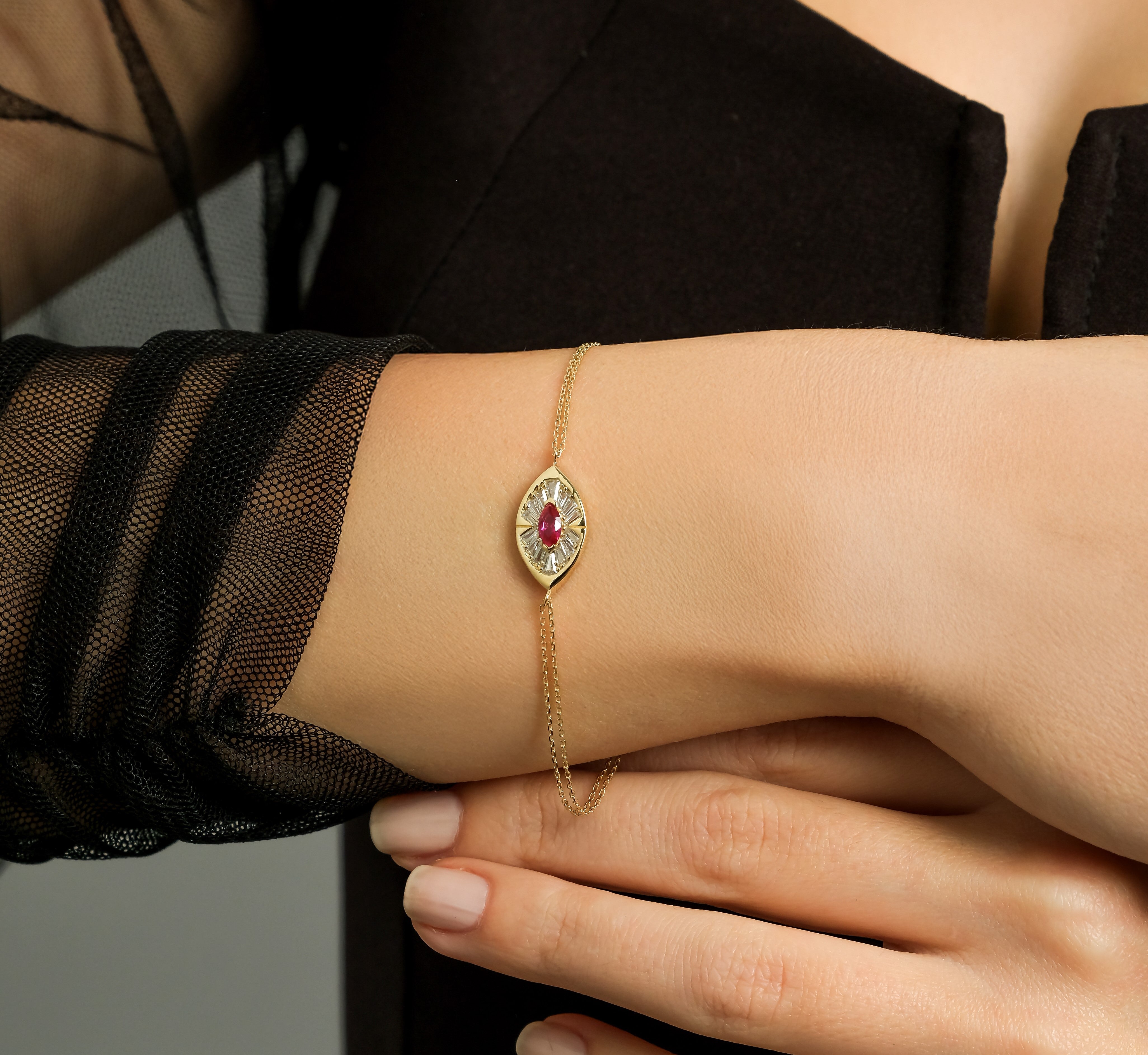 14K Solid Yellow Gold Marquise Ruby Bracelet
